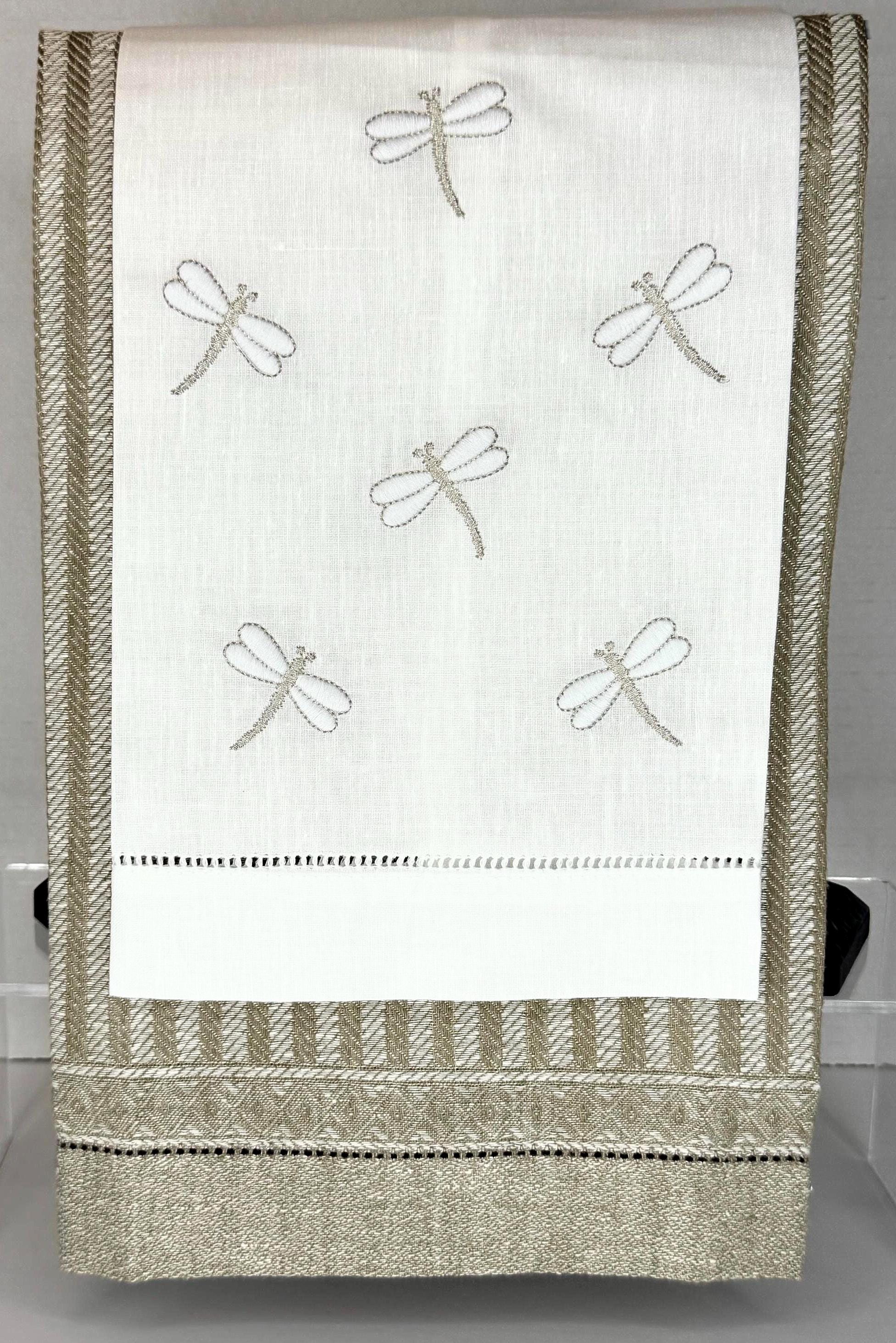 Embroidered Dragonflies linen hand towel Embroidered Dragonflies tea towel Bathroom decor