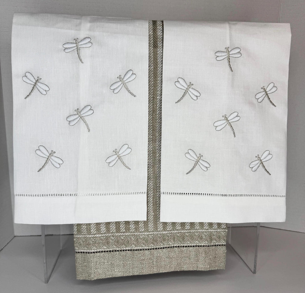 Embroidered Dragonflies linen hand towel Embroidered Dragonflies tea towel Bathroom decor
