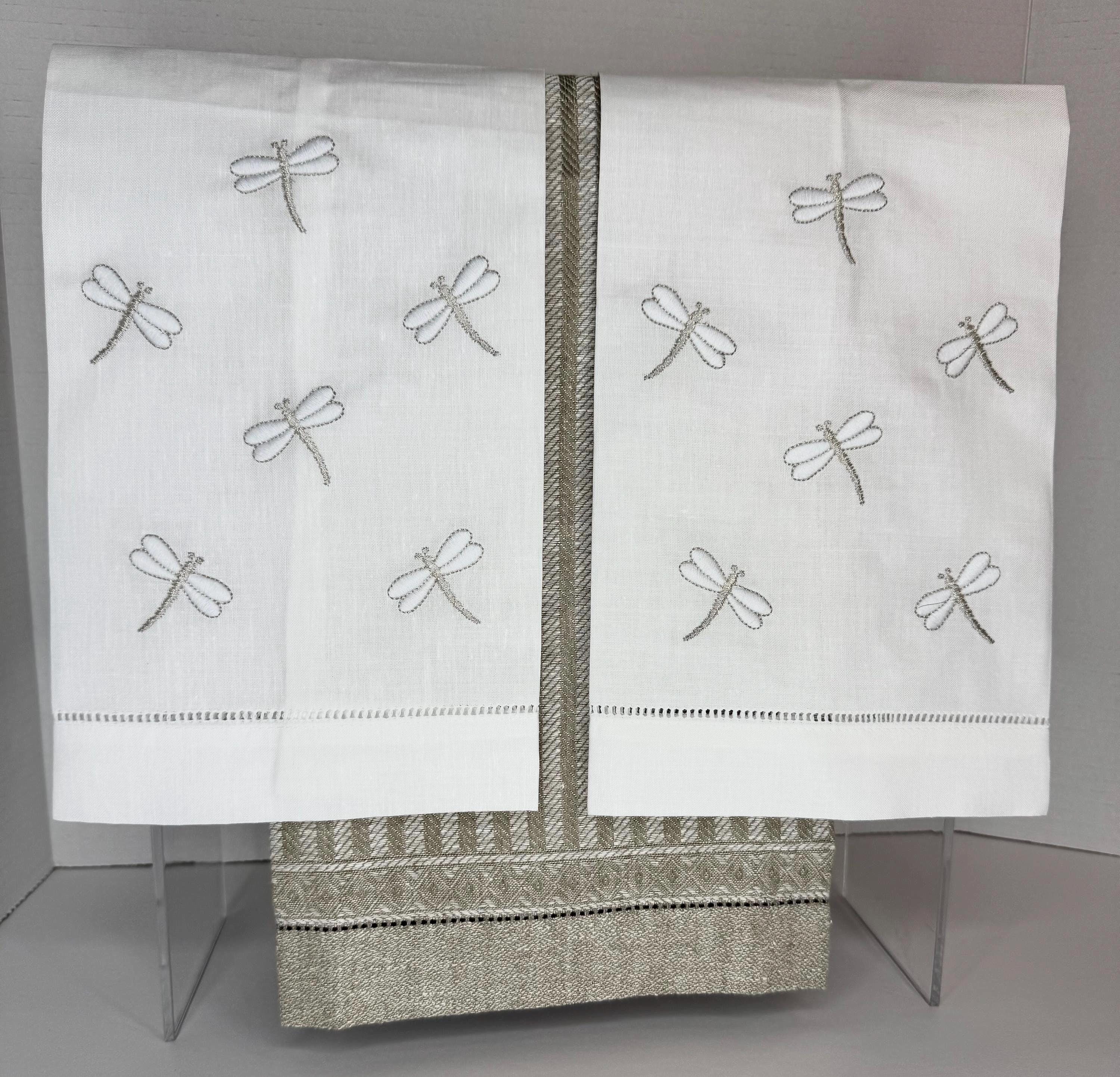 Embroidered Dragonflies linen hand towel Embroidered Dragonflies tea towel Bathroom decor