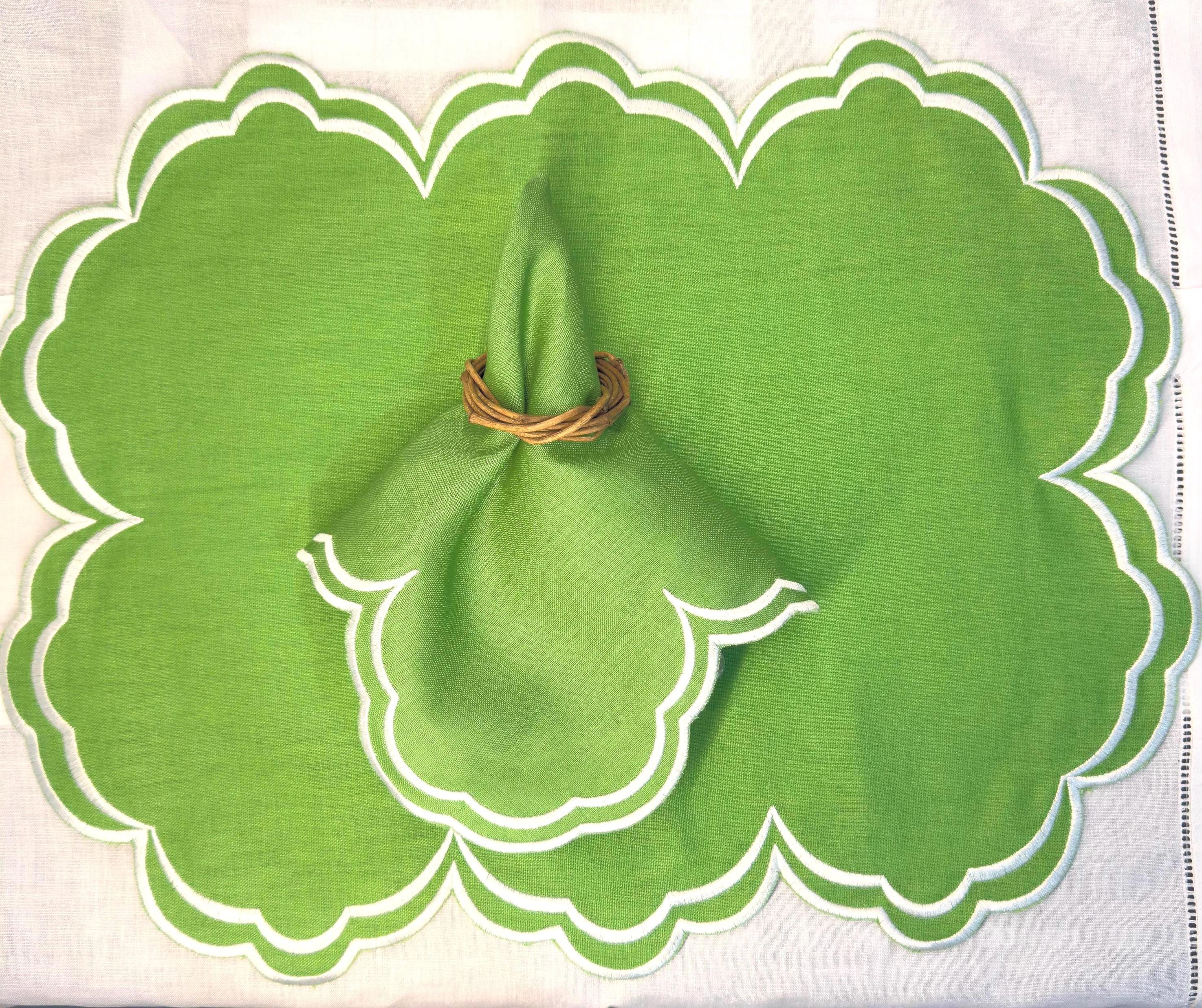 Placemats Linen Embroidered apple green scalloped rectangular placemats & Linen Napkins Set table top decor place setting