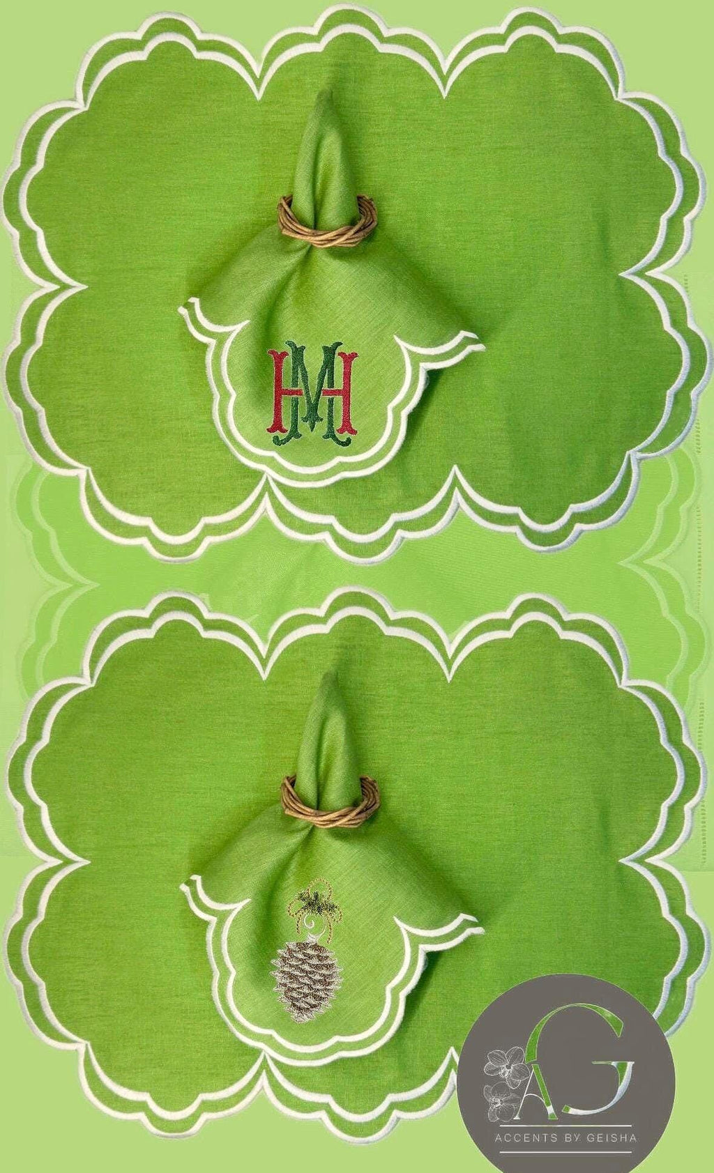 Placemats Linen Embroidered apple green scalloped rectangular placemats & Linen Napkins Set table top decor place setting