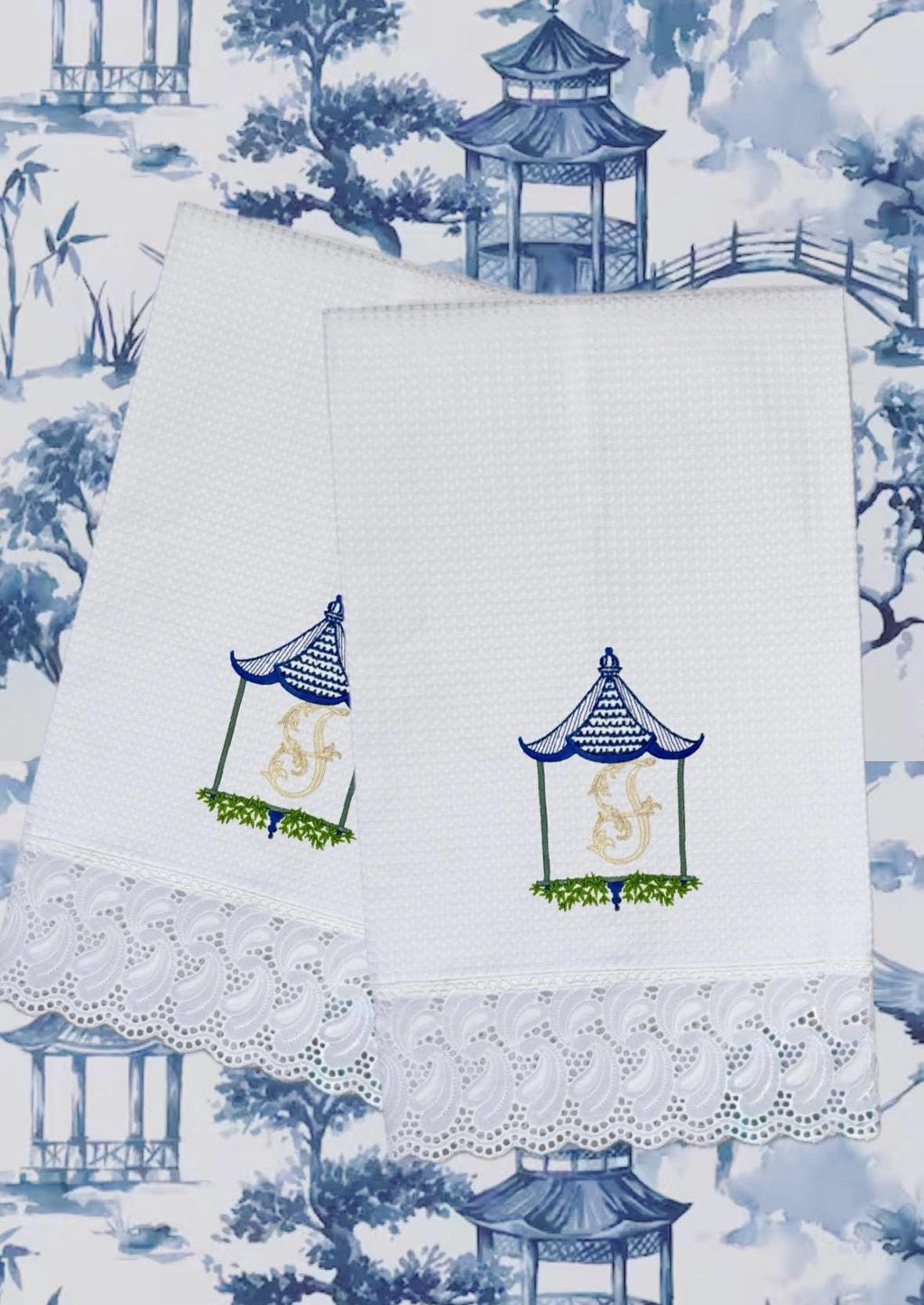 Monogrammed Pagoda Temple Towel Embroidered Chinoiserie Pagoda linen Hand Kitchen towel Personalized decor guest towels Asian embroidery