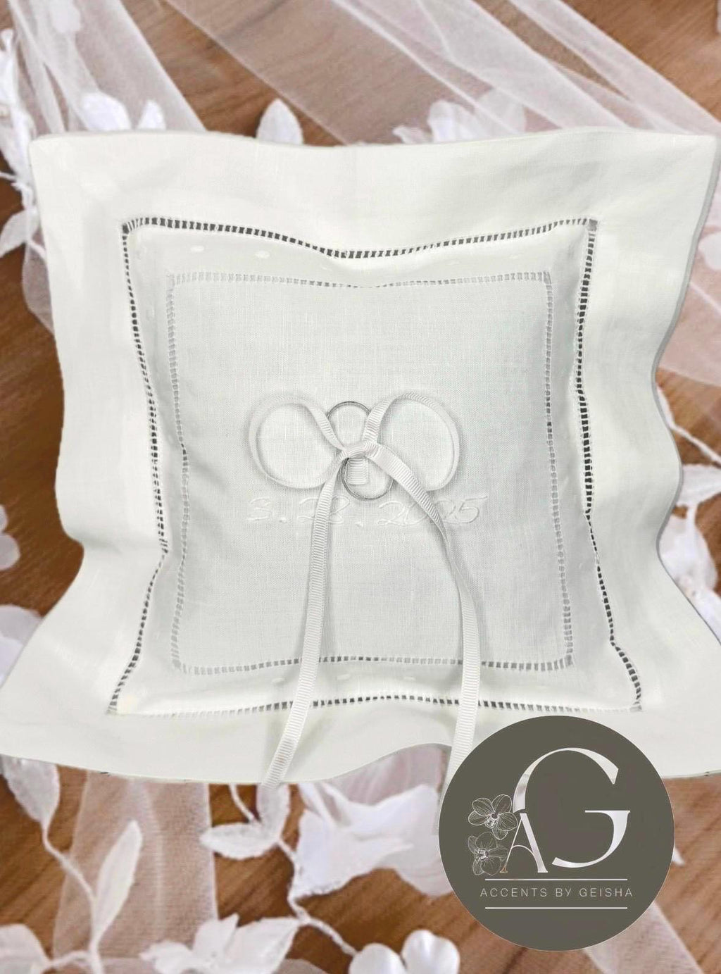 Monogrammed Linen Ring Bearer Pillow,Scallop hemstitched Swiss dots pillow embroidered initials wedding bands Pillow marriage bridal decor