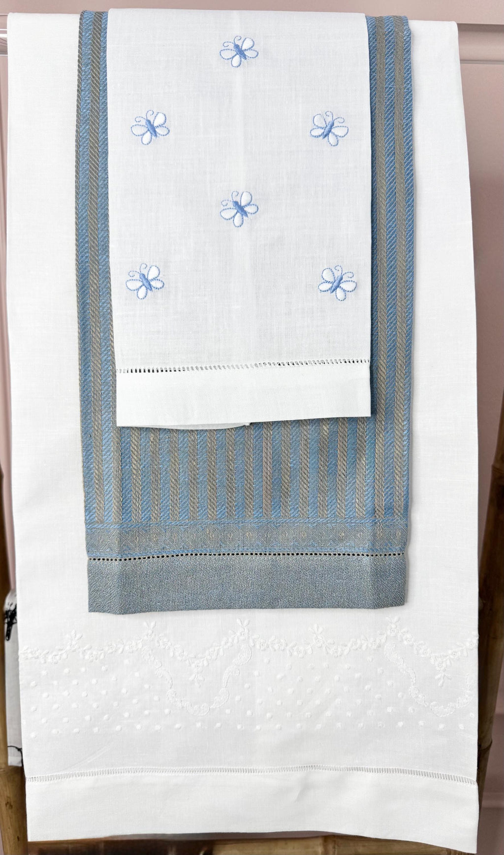Embroidered Butterflies linen hand towel Embroidered blue butterflies tea towel Bathroom decor