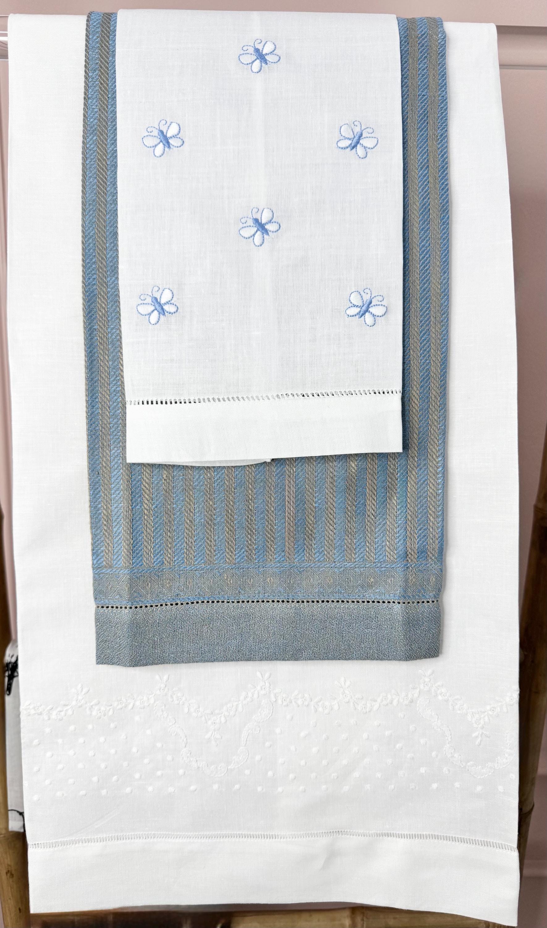 Embroidered Butterflies linen hand towel Embroidered blue butterflies tea towel Bathroom decor
