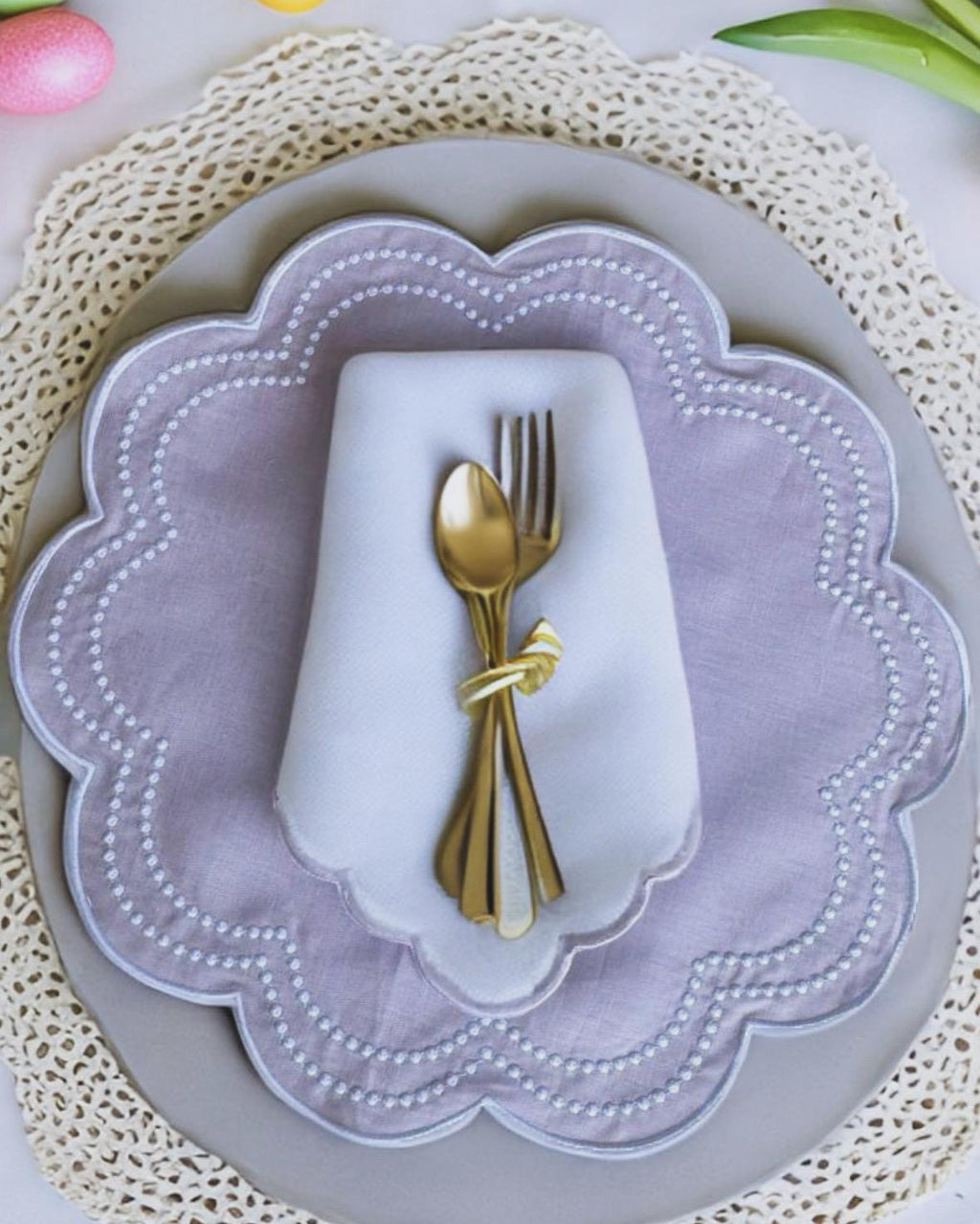 Linen Placemat and Linen Dinner Napkin set Round Lilac with Embroidered Swiss Dots