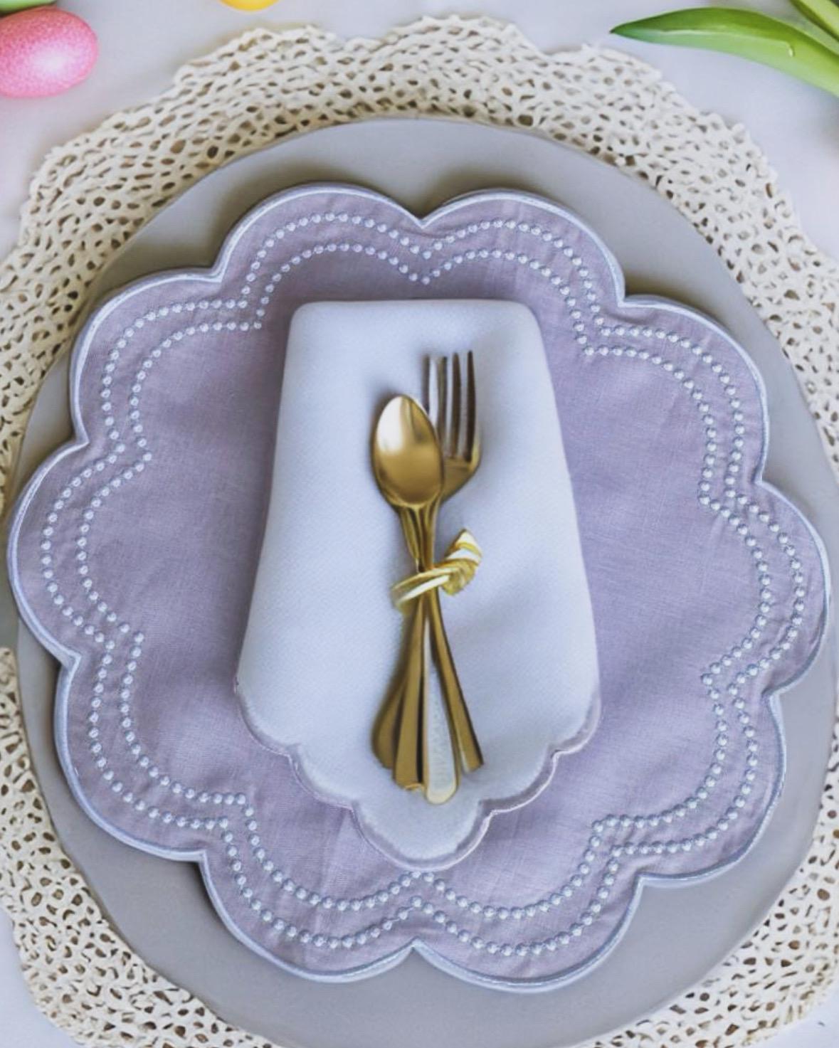 Linen Placemat and Linen Dinner Napkin set Round Lilac with Embroidered Swiss Dots