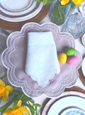 Linen Placemat and Linen Dinner Napkin set Round Lilac with Embroidered Swiss Dots