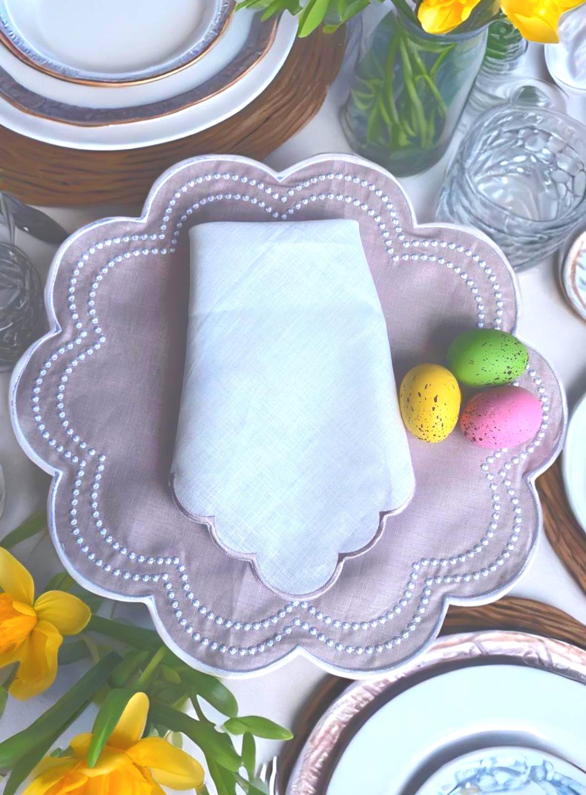 Linen Placemat and Linen Dinner Napkin set Round Lilac with Embroidered Swiss Dots