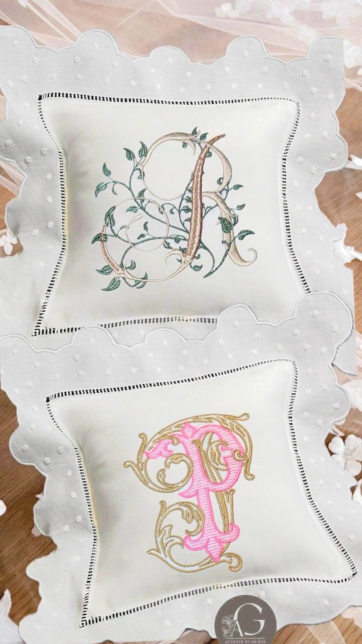 Personalized ring bearer pillow white linen embroidered initials Monogrammed wedding ring pillow ring cushion Custom ring bearer pillow