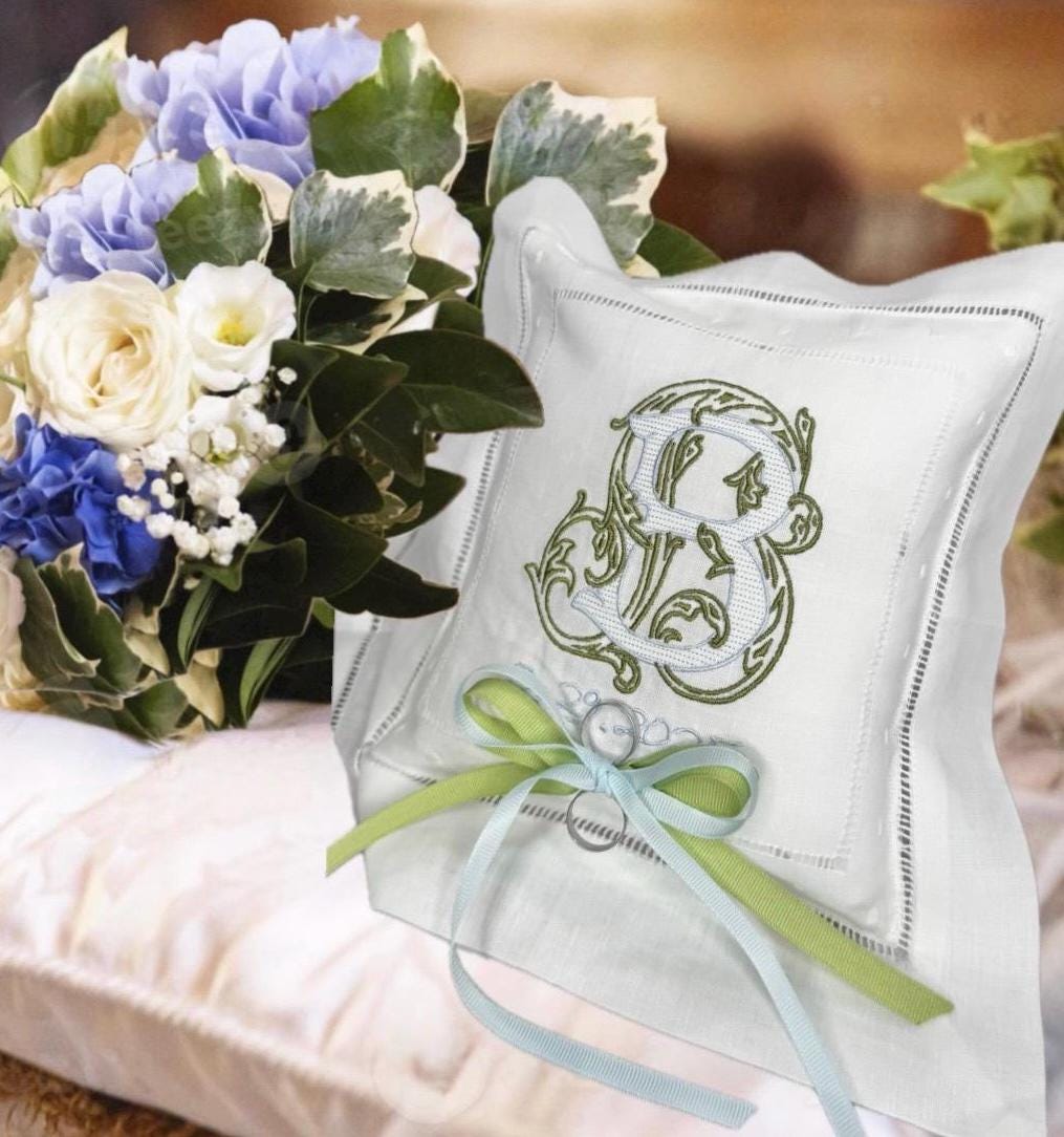 Ring Bearer personalized linen hemstitched white pillow embroidered Monogrammed Ring Bearer Pillow embroidered initials bridal decor Wedding