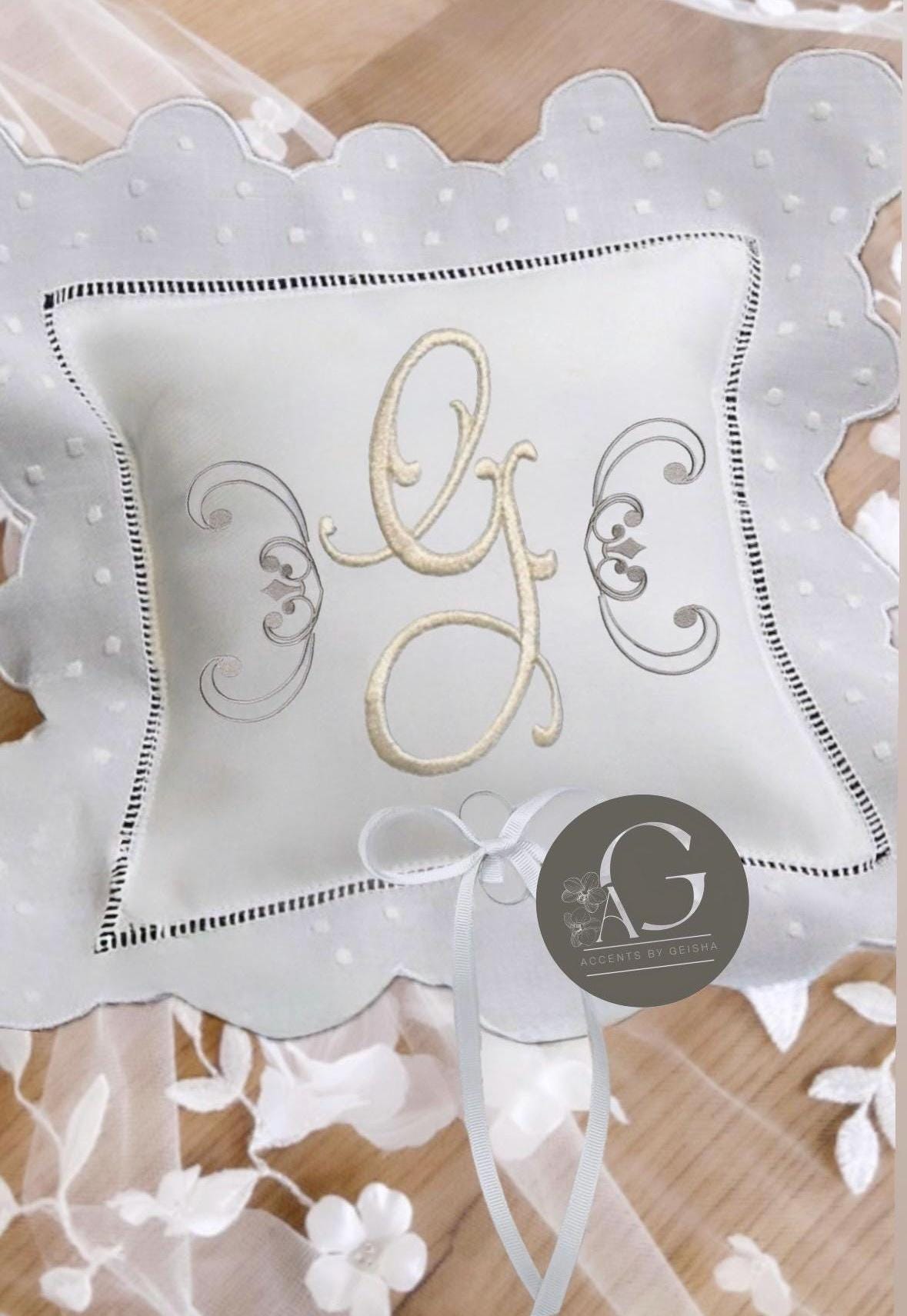 Personalized ring bearer pillow white linen embroidered initials Monogrammed wedding ring pillow ring cushion Custom ring bearer pillow