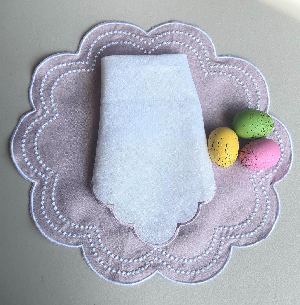 Linen Placemat and Linen Dinner Napkin set Round Lilac with Embroidered Swiss Dots
