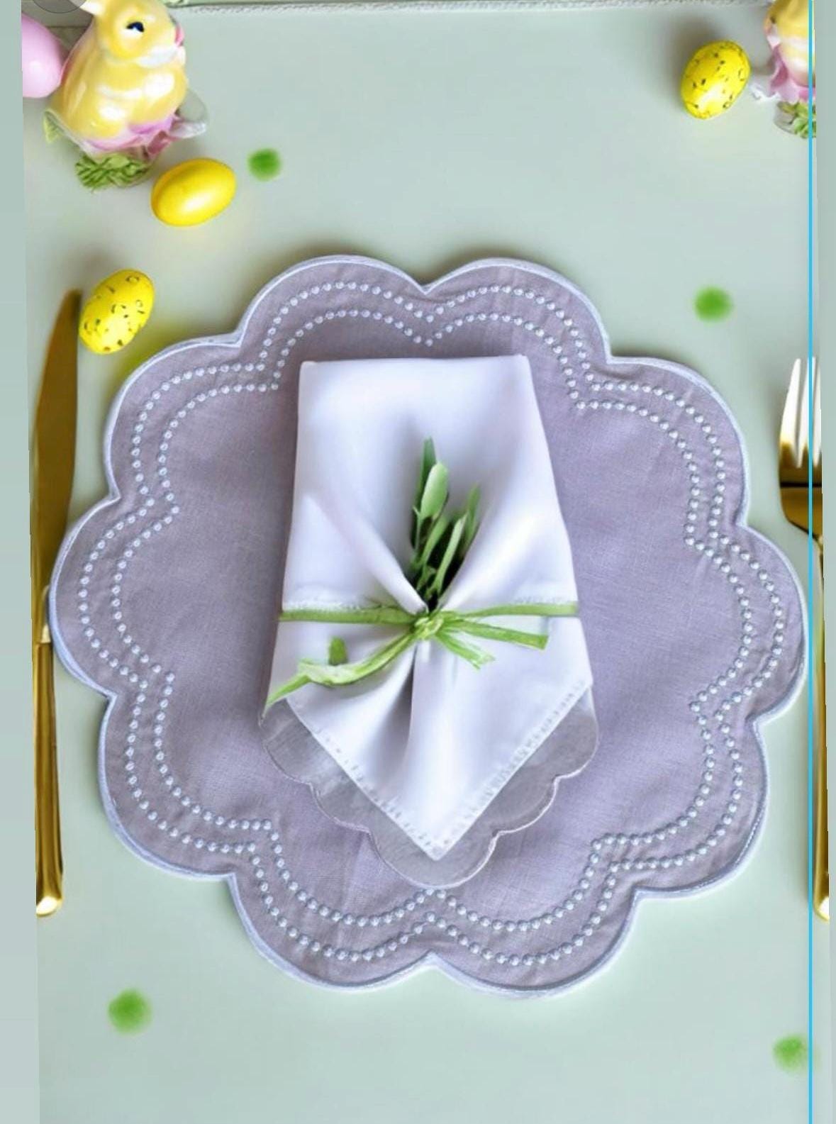 Linen Placemat and Linen Dinner Napkin set Round Lilac with Embroidered Swiss Dots