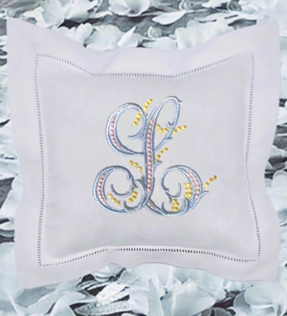 Ring bearer pillow personalized linen hemstitch Swiss dots ring cushion embroidered Monogrammed Engagement custom ring bearer linen pillow