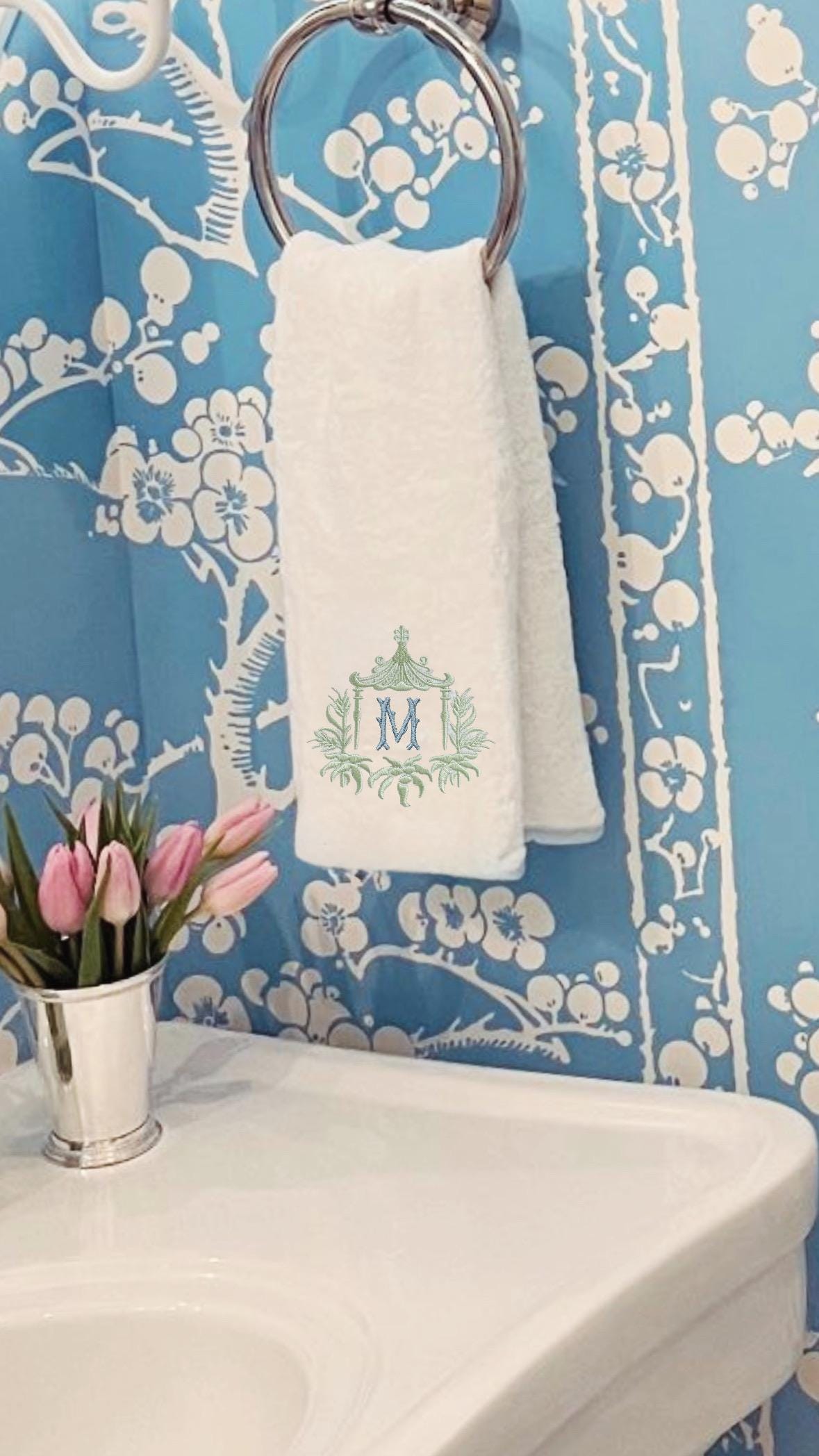 Embroidered Chinoiserie Temple Pagoda Monogram wheat Pagoda Bamboo Frame Personalized Hand Kitchen towel decor guest towels Asian embroidery