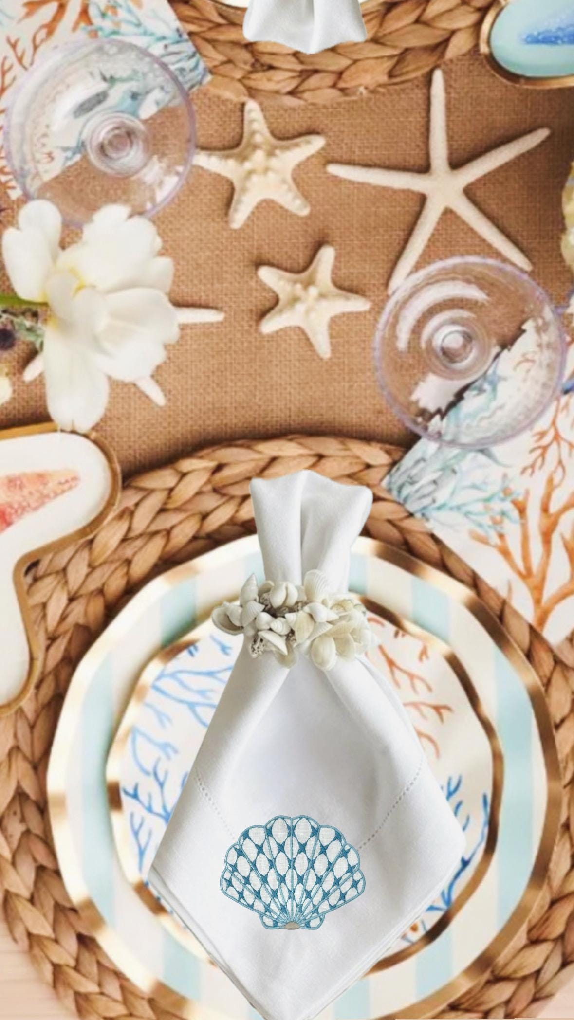 Nautical Embroidered Linen Napkins Coastal Dinner napkin Summer Seaside theme shells napkins Serviettes de vaisselle