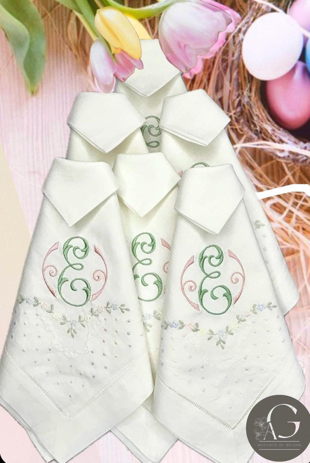 Personalized linen napkin  pastel colors Roses and dots embroidered linen Placemat Spring Dinner Napkins Easter holiday