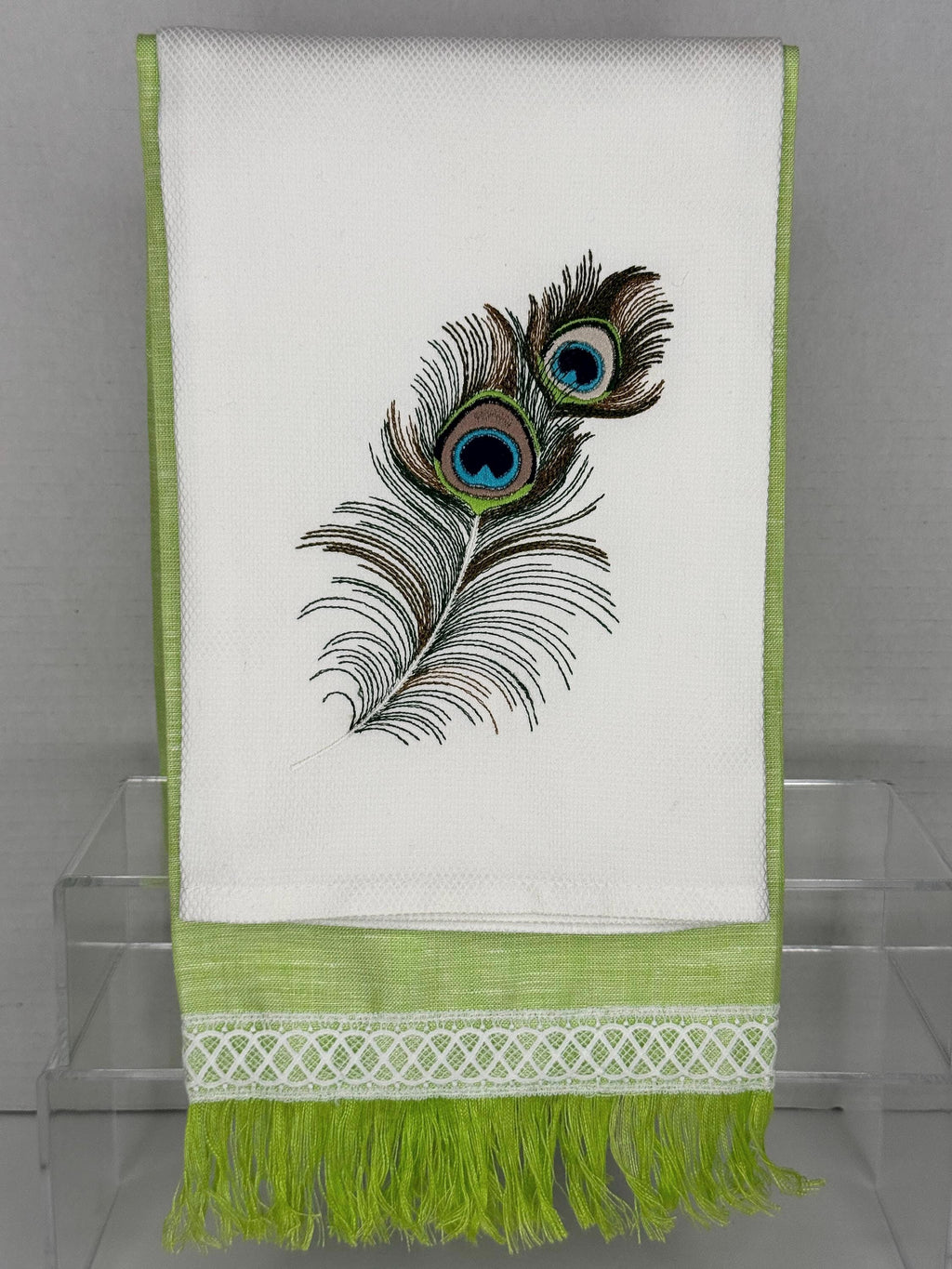 Peacock Feather Embroidered Linen Hand Towel Powder Room Decor tuxedo Stripe hand towel