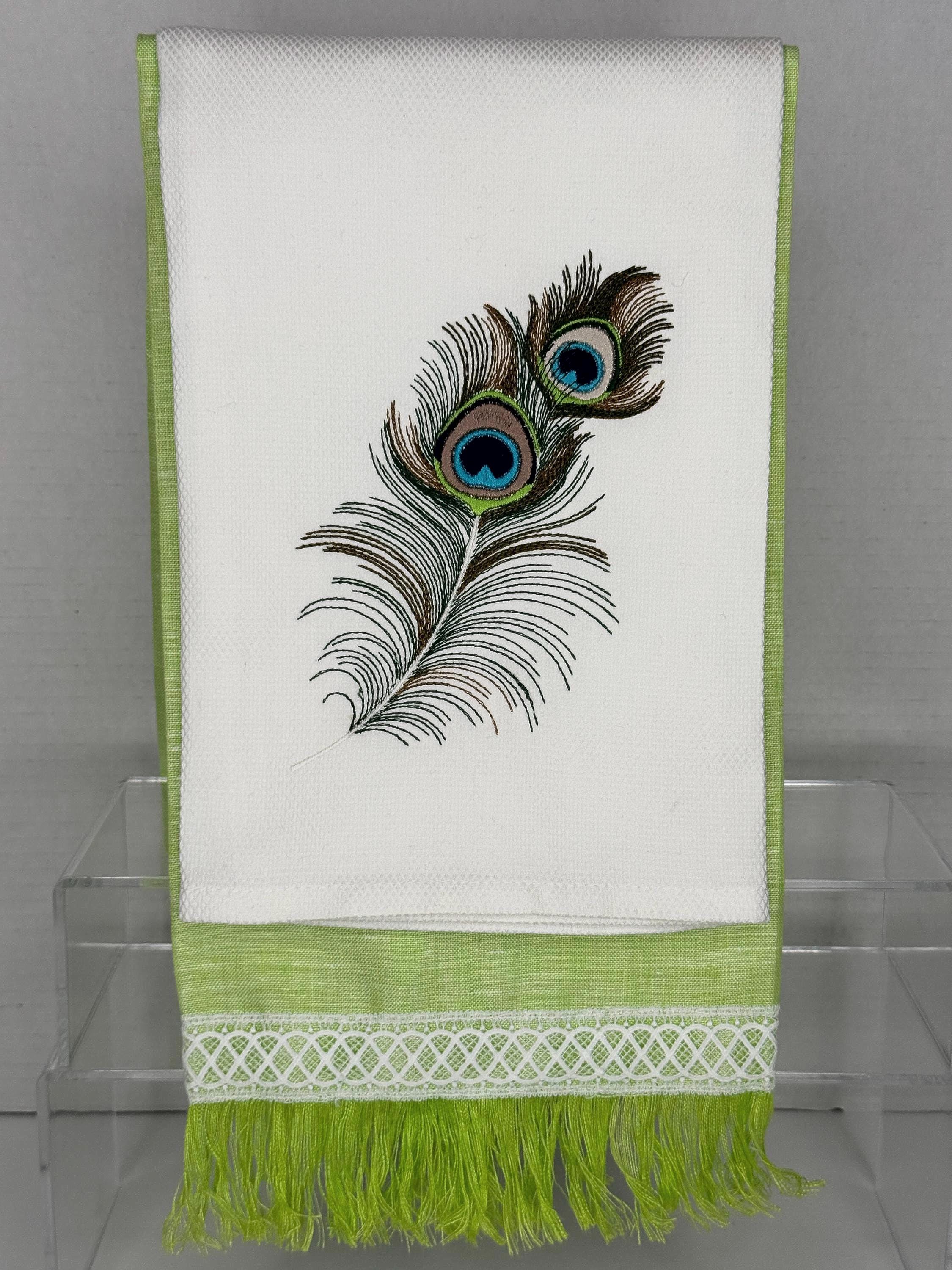 Peacock Feather Embroidered Linen Hand Towel Powder Room Decor tuxedo Stripe hand towel