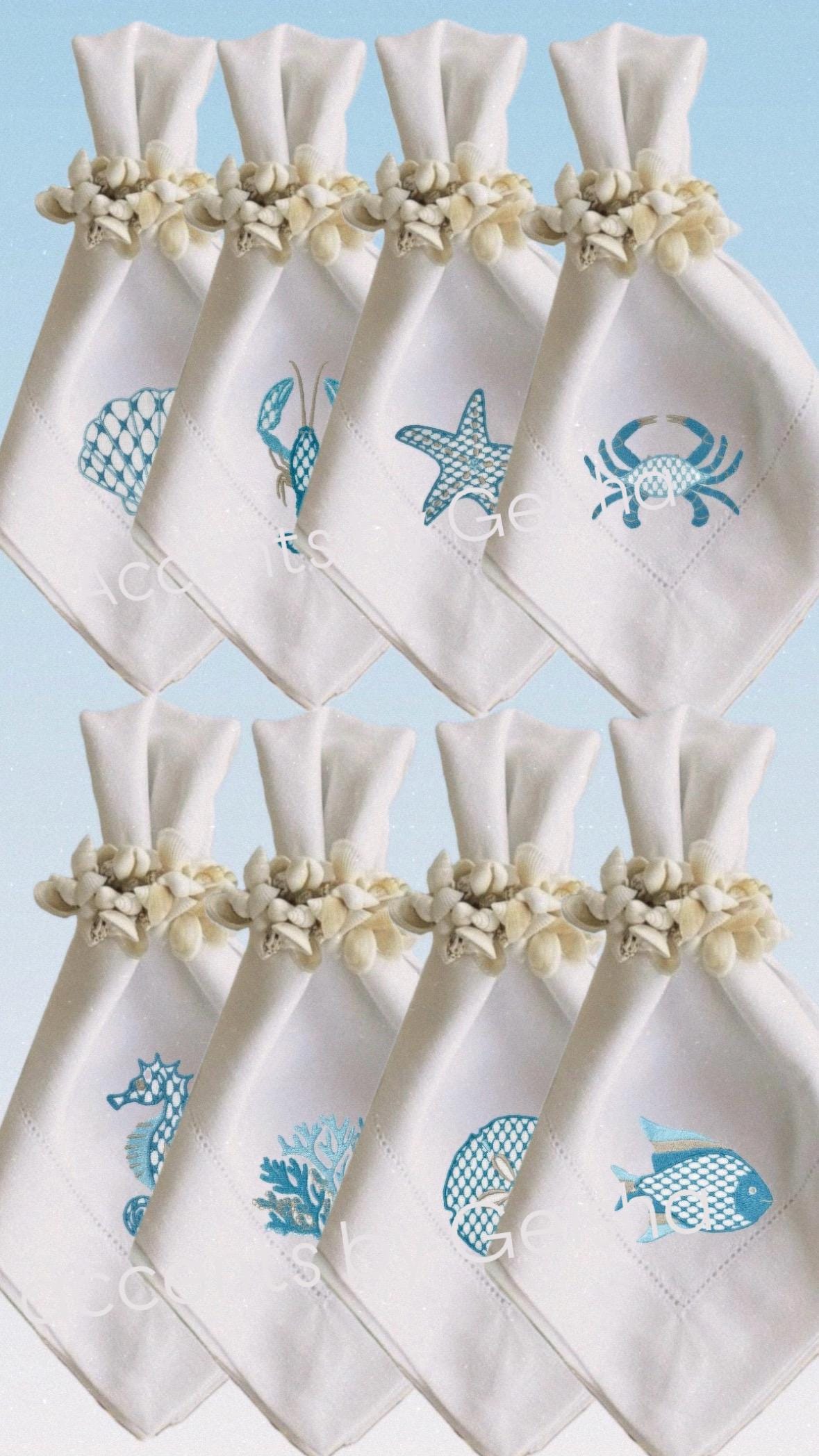 Nautical Embroidered Linen Napkins Coastal Dinner napkin Summer Seaside theme shells napkins Serviettes de vaisselle