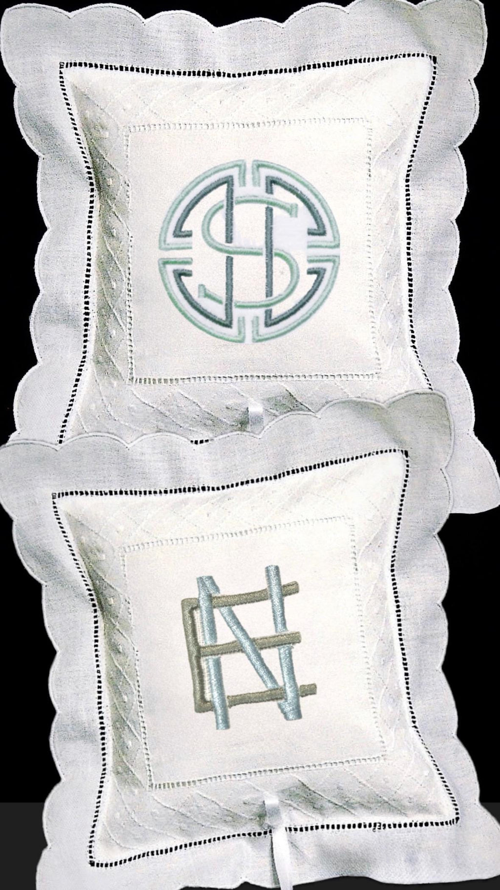 Monogrammed Linen Ring Bearer Pillow,Scallop hemstitched Swiss dots pillow embroidered initials wedding bands Pillow marriage bridal decor