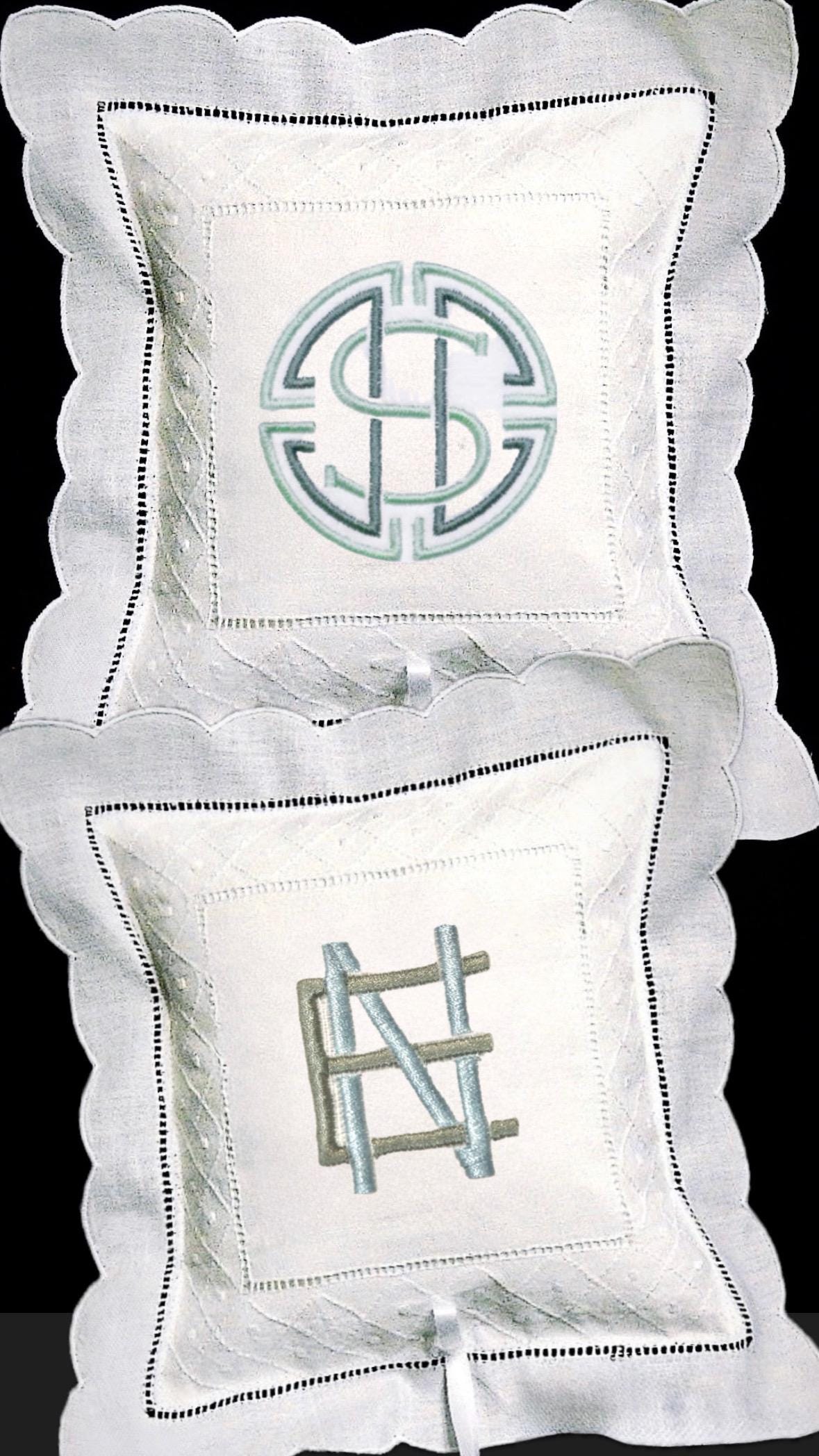 Monogrammed Linen Ring Bearer Pillow,Scallop hemstitched Swiss dots pillow embroidered initials wedding bands Pillow marriage bridal decor