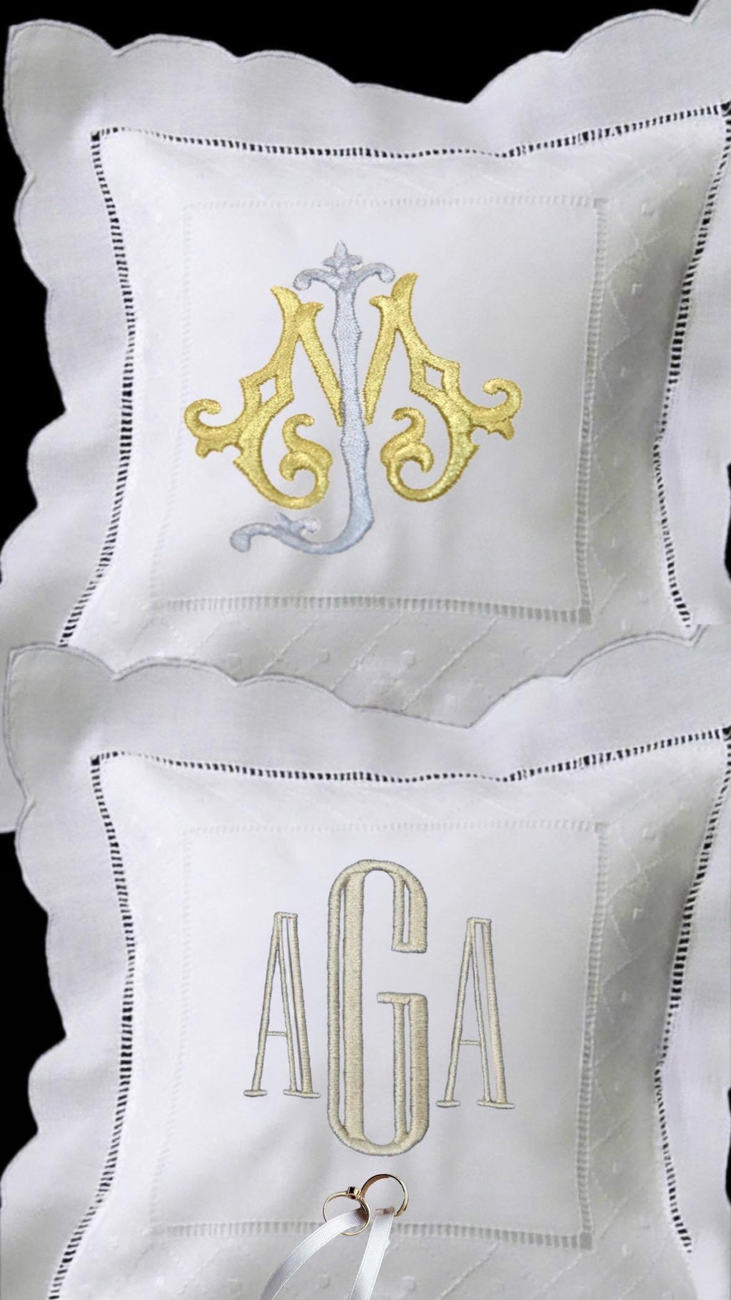 Monogrammed Linen Ring Bearer Pillow,Scallop hemstitched Swiss dots pillow embroidered initials wedding bands Pillow marriage bridal decor