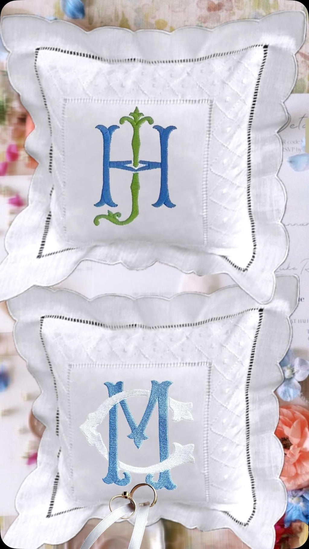 Monogrammed Linen Ring Bearer Pillow,Scallop hemstitched Swiss dots pillow embroidered initials wedding bands Pillow marriage bridal decor
