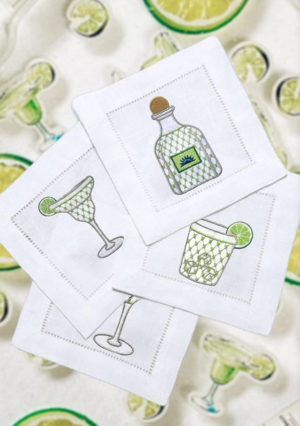 Tequila Embroidered Linen Cocktail Napkins Embroidered Cocktails hemstitched Monogramed Cocktail Napkins brodées Aperitivo coasters