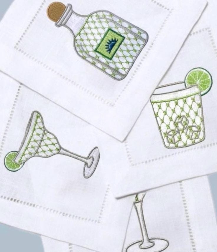 Tequila Embroidered Linen Cocktail Napkins Embroidered Cocktails hemstitched Monogramed Cocktail Napkins brodées Aperitivo coasters