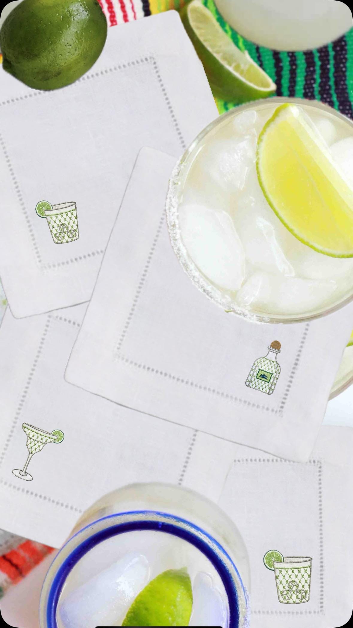 Tequila Embroidered Linen Cocktail Napkins Embroidered Cocktails hemstitched Monogramed Cocktail Napkins brodées Aperitivo coasters