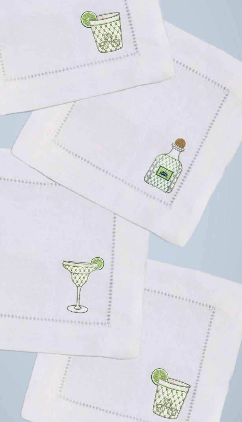 Tequila Embroidered Linen Cocktail Napkins Embroidered Cocktails hemstitched Monogramed Cocktail Napkins brodées Aperitivo coasters