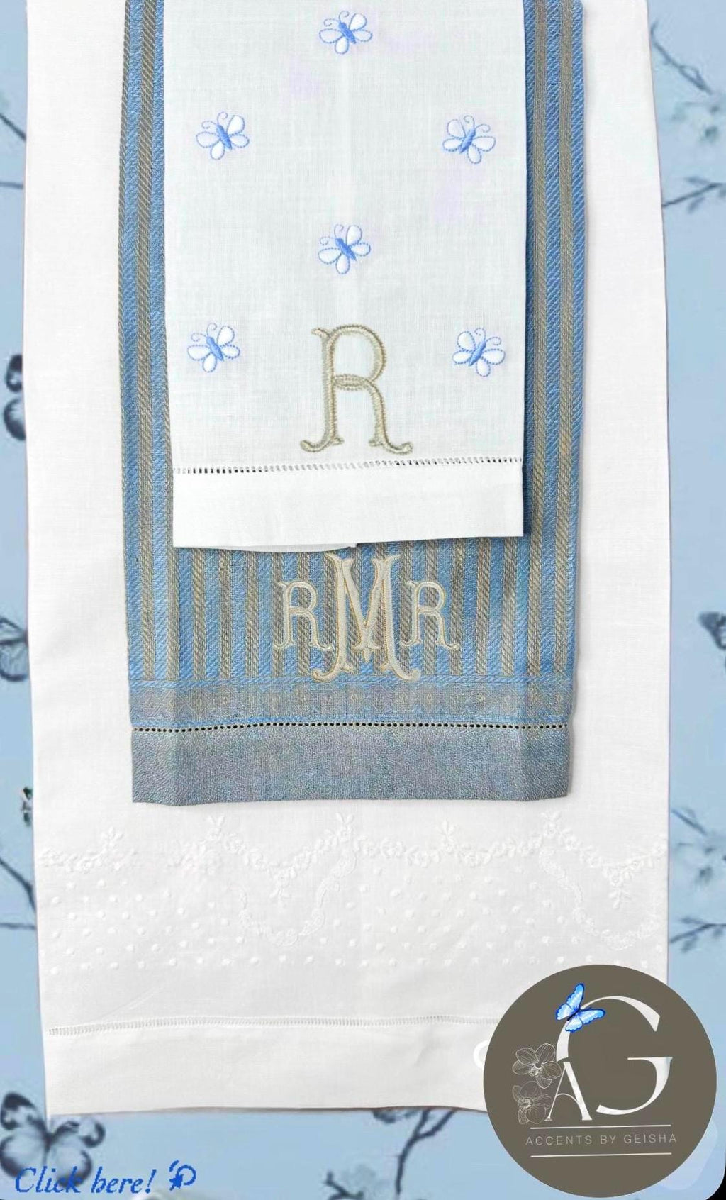 Embroidered Butterflies linen hand towel Embroidered blue butterflies tea towel Bathroom decor