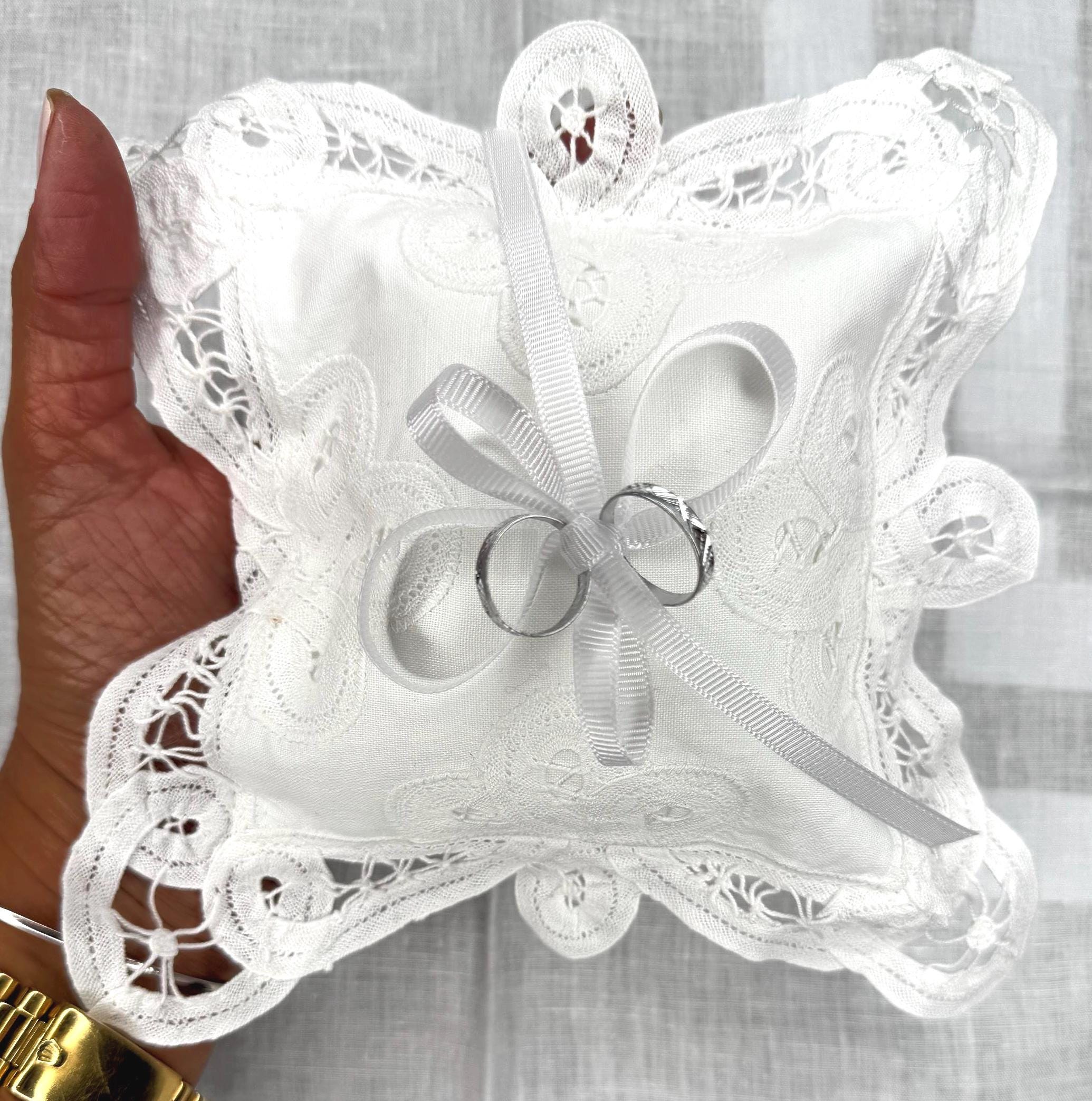 Ring bearer pillow Linen Battenberg Brussels lace Wedding Ring holder pillow bridal keepsake Engagement wedding proposal Ring cushion