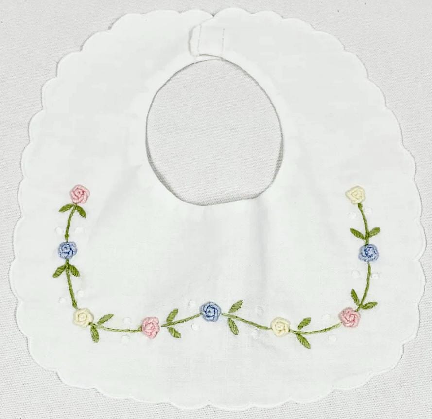 Personalized Baby Bib Pastel Roses Heirloom Linen Bib Bowknot flowers Bib God Child Baby Girl bib Christening Baptismal first birthday bib