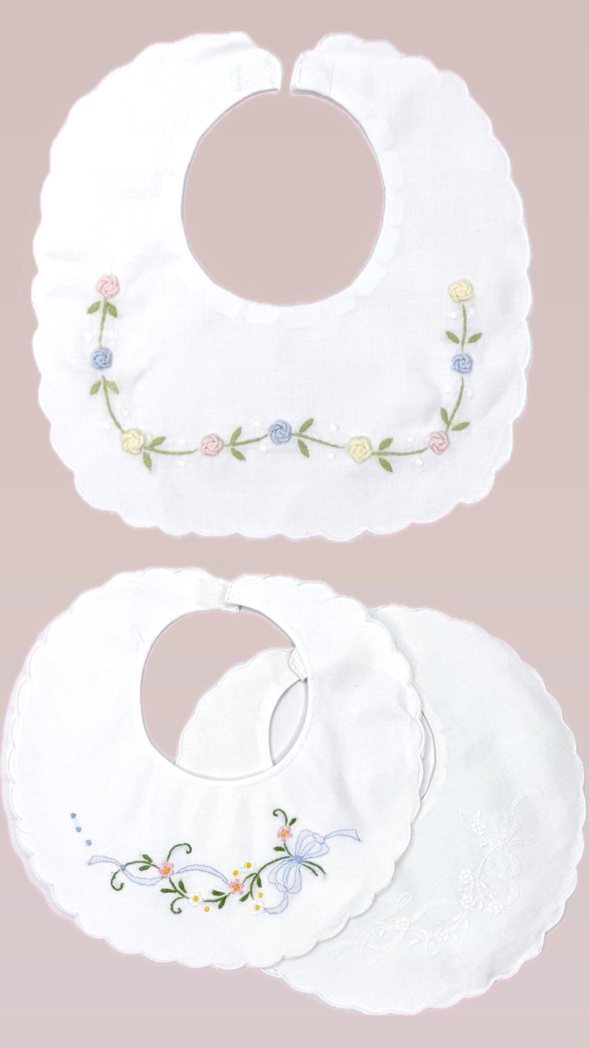 Personalized Baby Bib Pastel Roses Heirloom Linen Bib Bowknot flowers Bib God Child Baby Girl bib Christening Baptismal first birthday bib