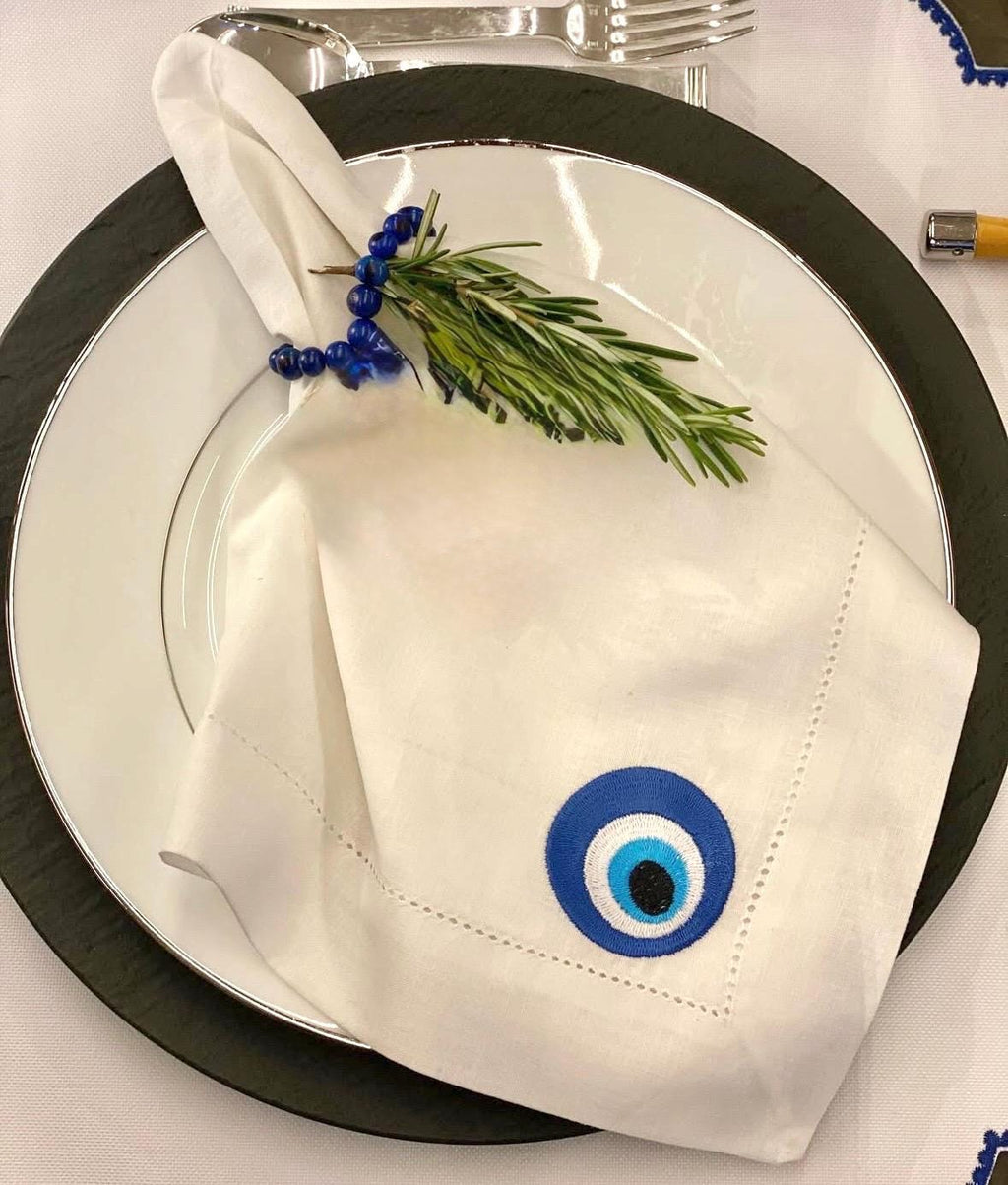 Evil eye Amulet linen napkin Talisman Embroidered Nazar Evil Eye dinner napkins Table setting good luck Napkins brodées Serviette en lin