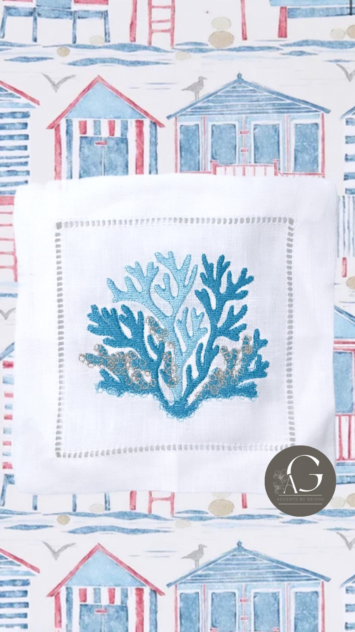 Linen hemstitched Cocktail Napkins Coastal Cocktail Napkins Embroidered Cocktail Napkin/Cocktail brodées Serviette en lin/Aperitivo coasters