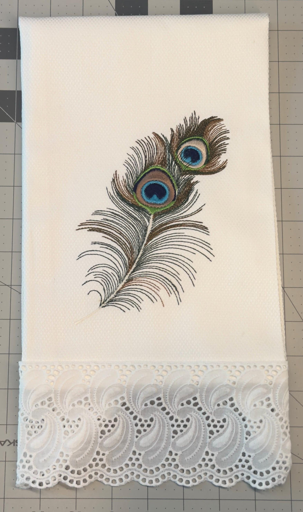 Peacock Feather Embroidered Linen Hand Towel Powder Room Decor tuxedo Stripe hand towel