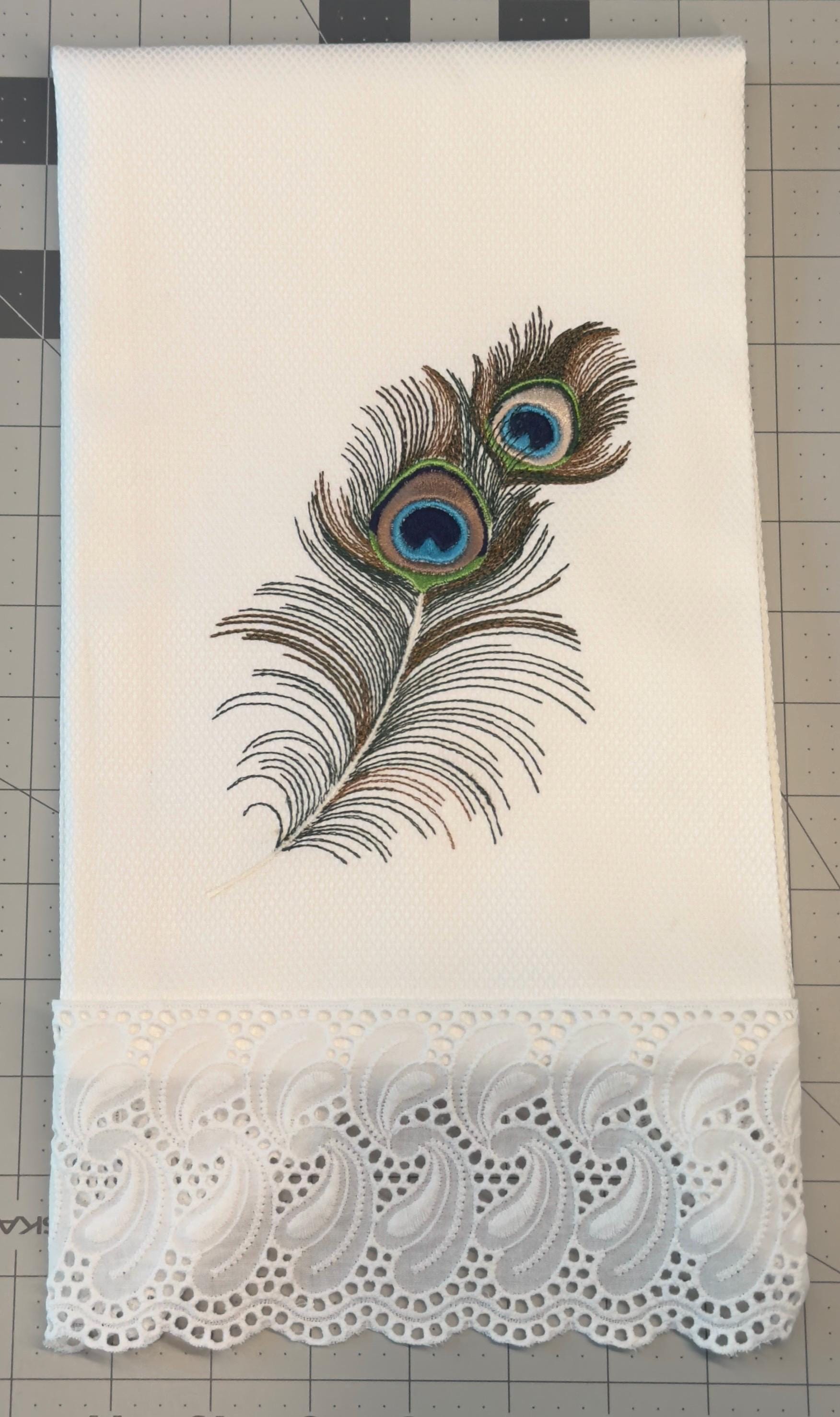 Peacock Feather Embroidered Linen Hand Towel Powder Room Decor tuxedo Stripe hand towel