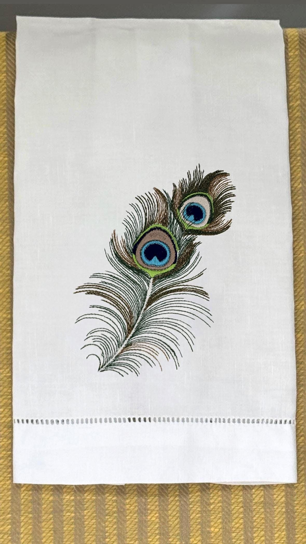 Peacock Feather Embroidered Linen Hand Towel Powder Room Decor tuxedo Stripe hand towel
