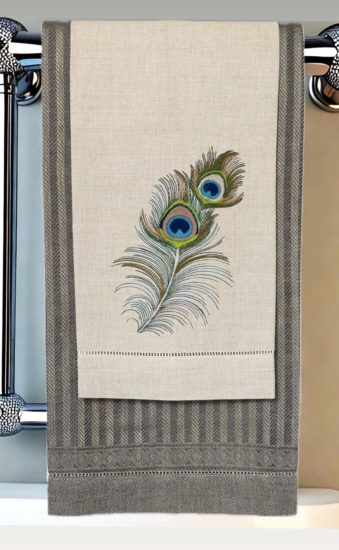 Peacock Feather Embroidered Linen Hand Towel Powder Room Decor tuxedo Stripe hand towel