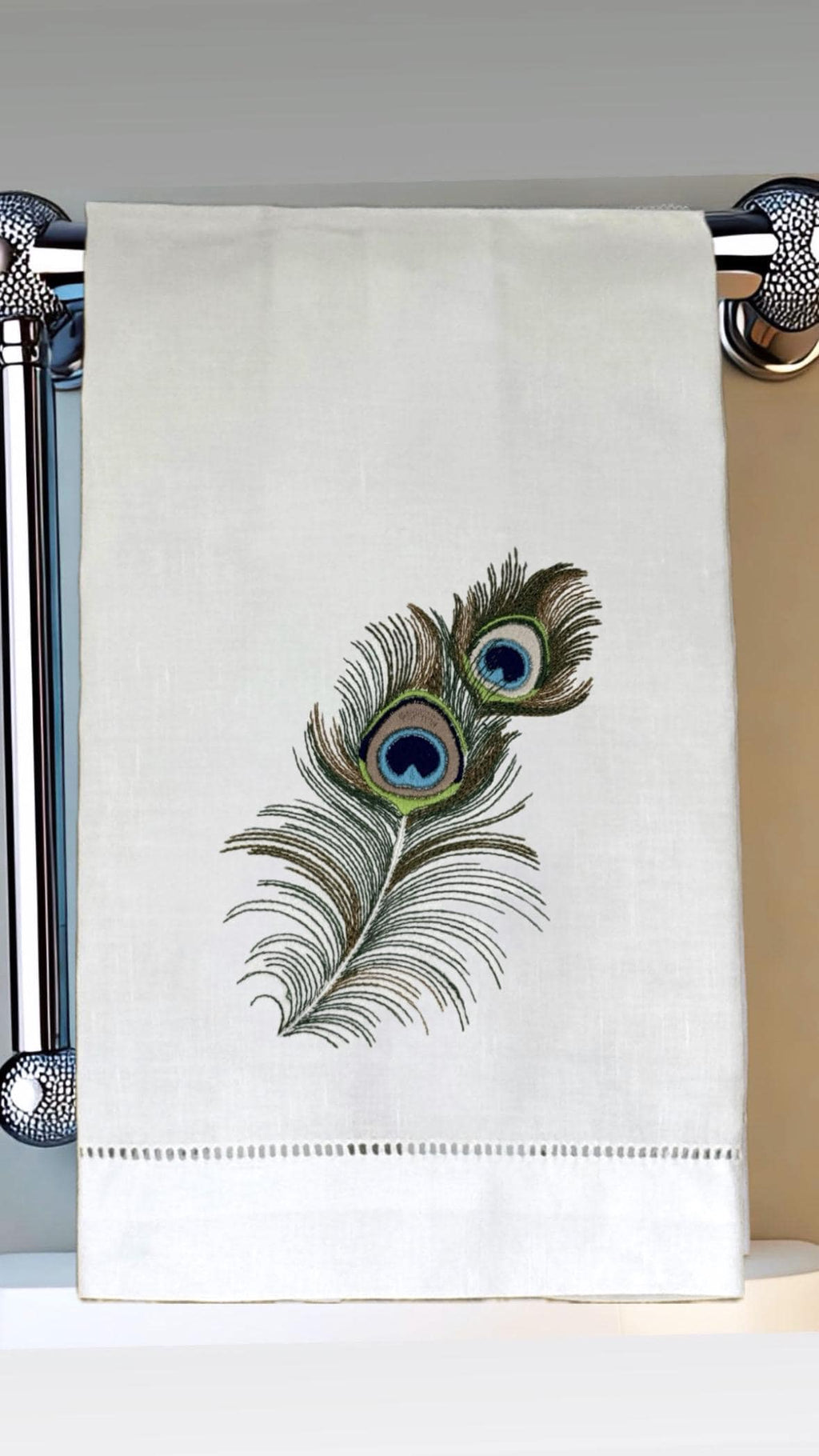 Peacock Feather Embroidered Linen Hand Towel Powder Room Decor tuxedo Stripe hand towel