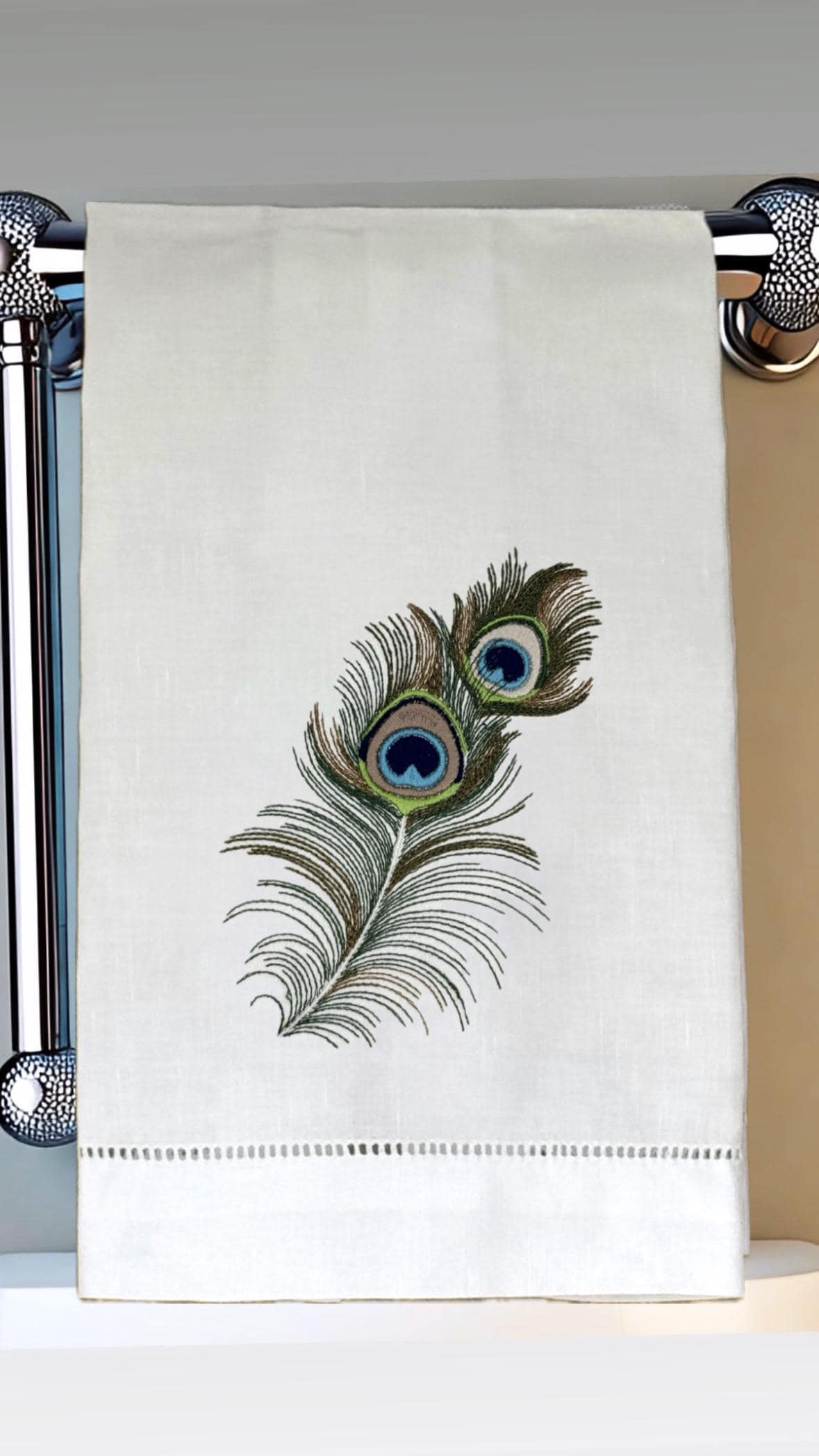Peacock Feather Embroidered Linen Hand Towel Powder Room Decor tuxedo Stripe hand towel