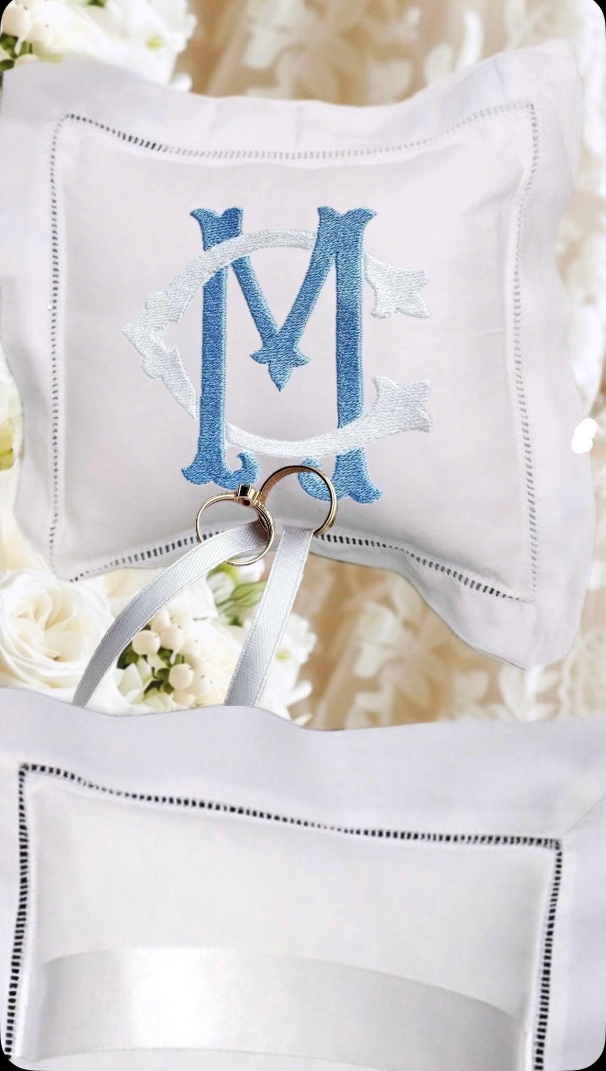Ring bearer pillow personalized linen hemstitch Swiss dots ring cushion embroidered Monogrammed Engagement custom ring bearer linen pillow