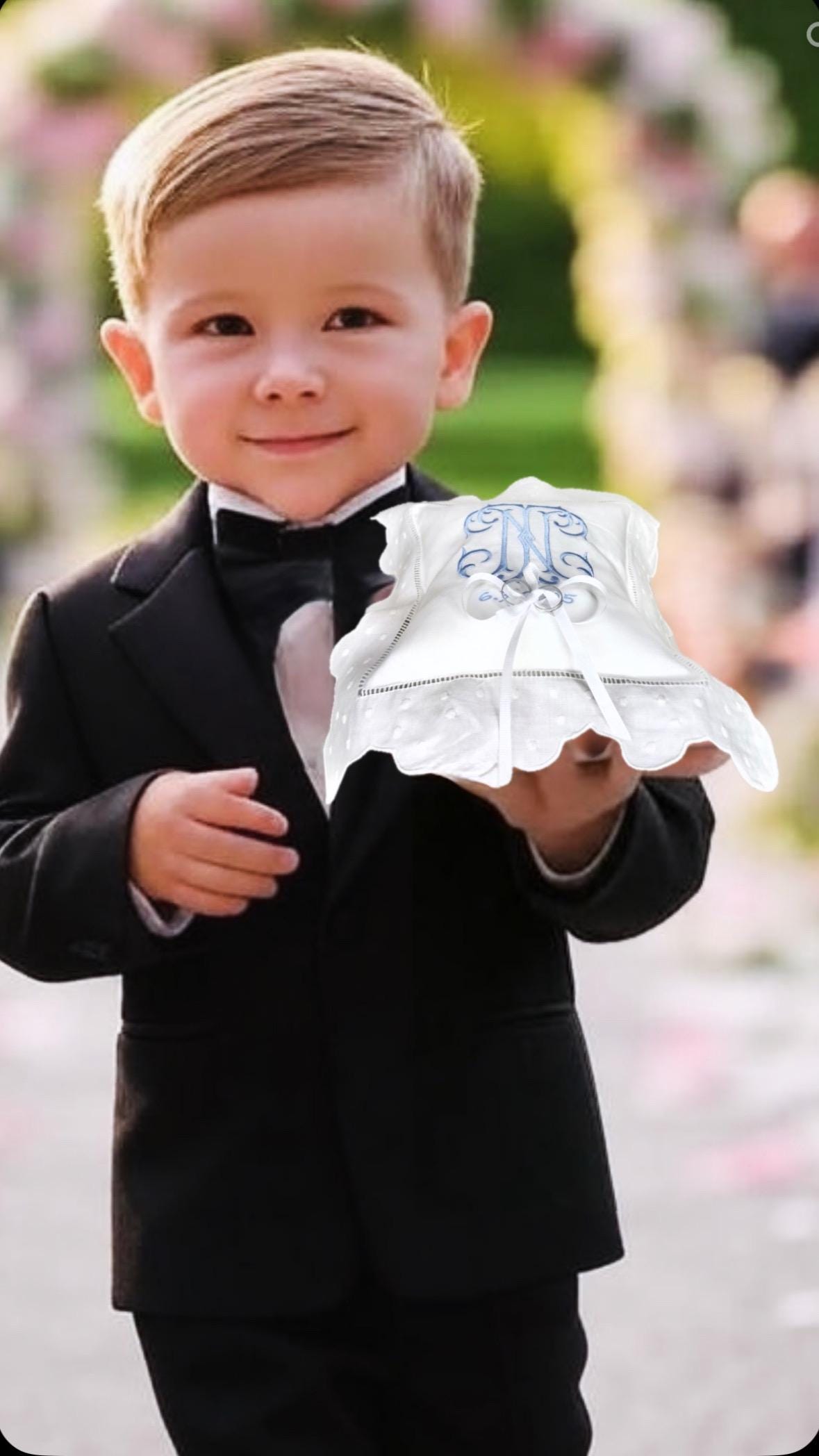 Personalized ring bearer pillow white linen embroidered initials Monogrammed wedding ring pillow ring cushion Custom ring bearer pillow