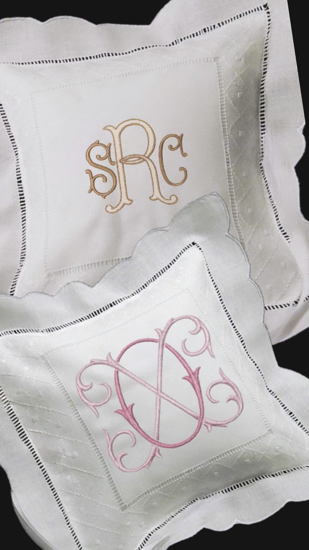 Monogrammed Linen Ring Bearer Pillow,Scallop hemstitched Swiss dots pillow embroidered initials wedding bands Pillow marriage bridal decor