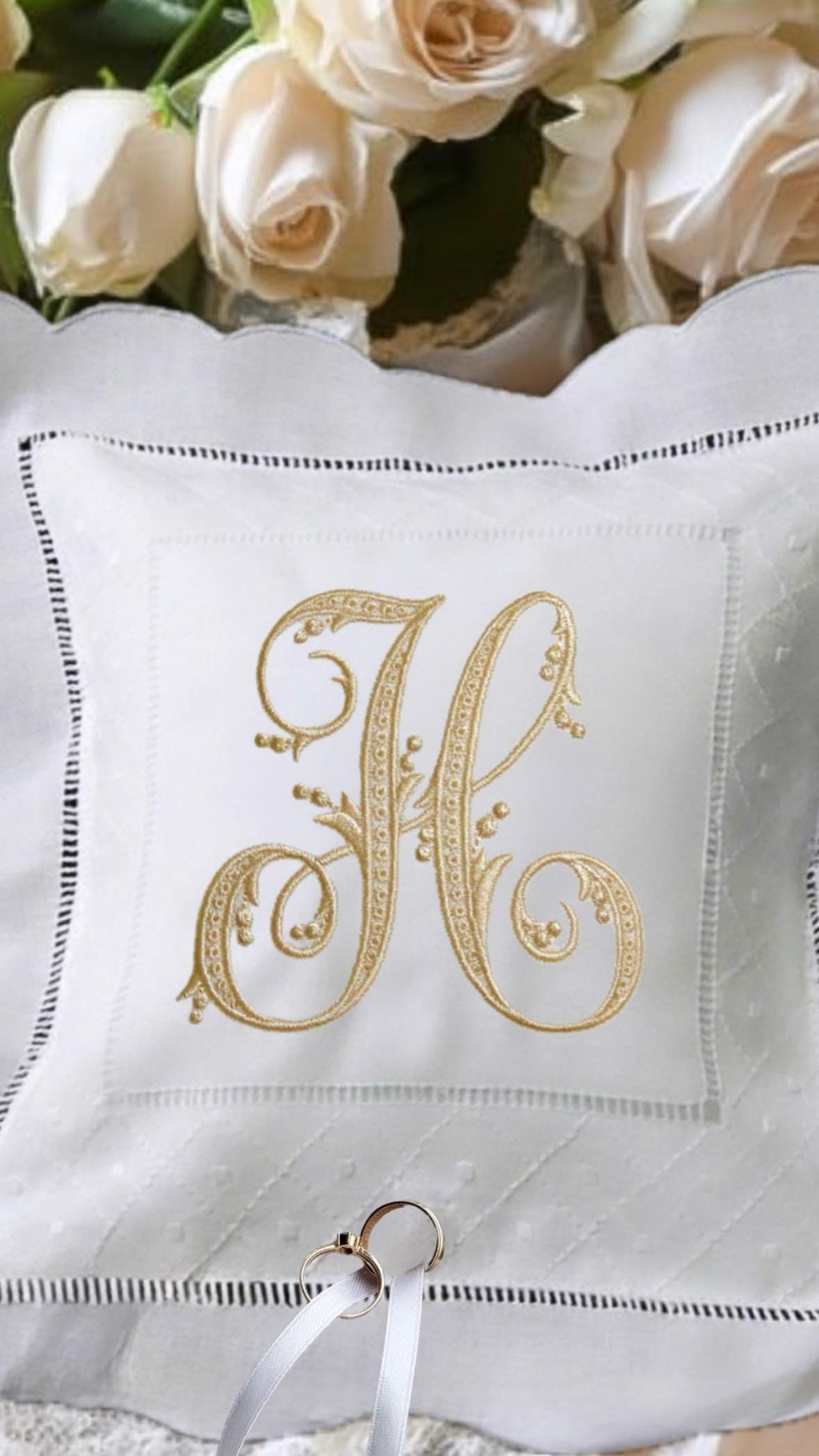 Monogrammed Linen Ring Bearer Pillow,Scallop hemstitched Swiss dots pillow embroidered initials wedding bands Pillow marriage bridal decor