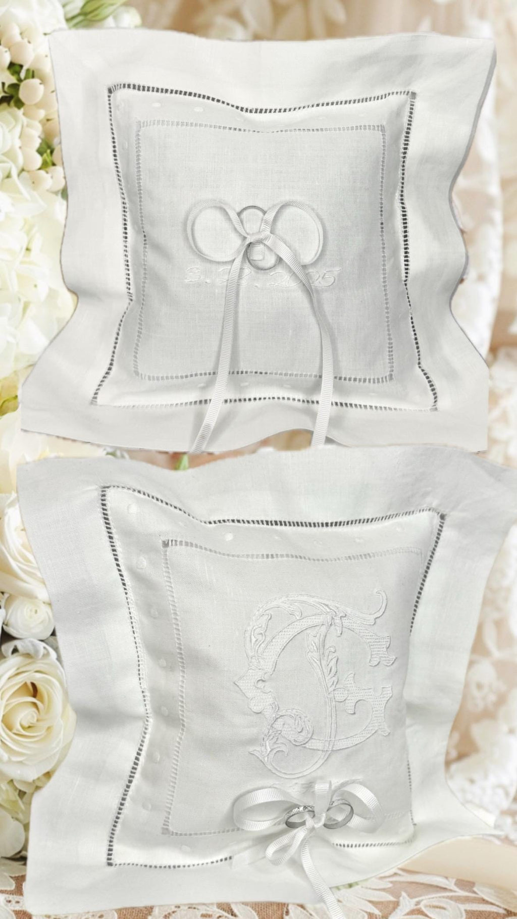 Ring Bearer personalized linen hemstitched white pillow embroidered Monogrammed Ring Bearer Pillow embroidered initials bridal decor Wedding